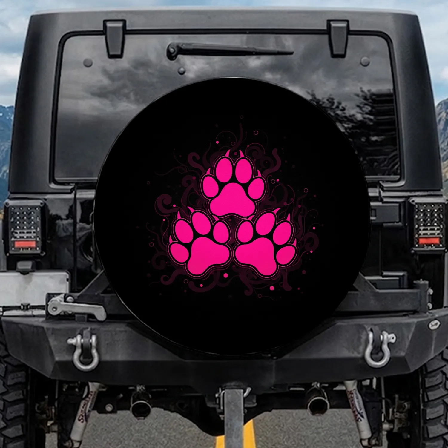 Hot Pink Paw Prints Magenta Swirls Black - Pet Lover Vehicle Gift Spare Tire Cover - 1