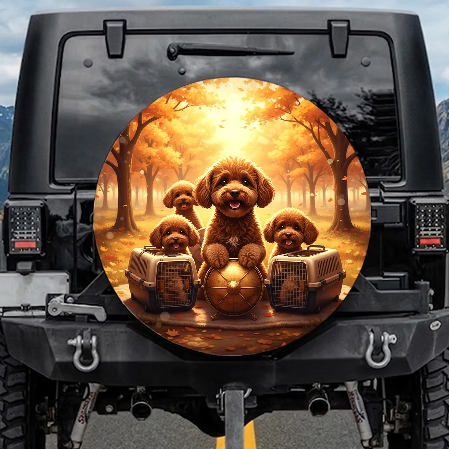 Poodle Dog Family Autumn Landscape Travel Essentials - Pet Owner Gift Spare Tire Cover - 1