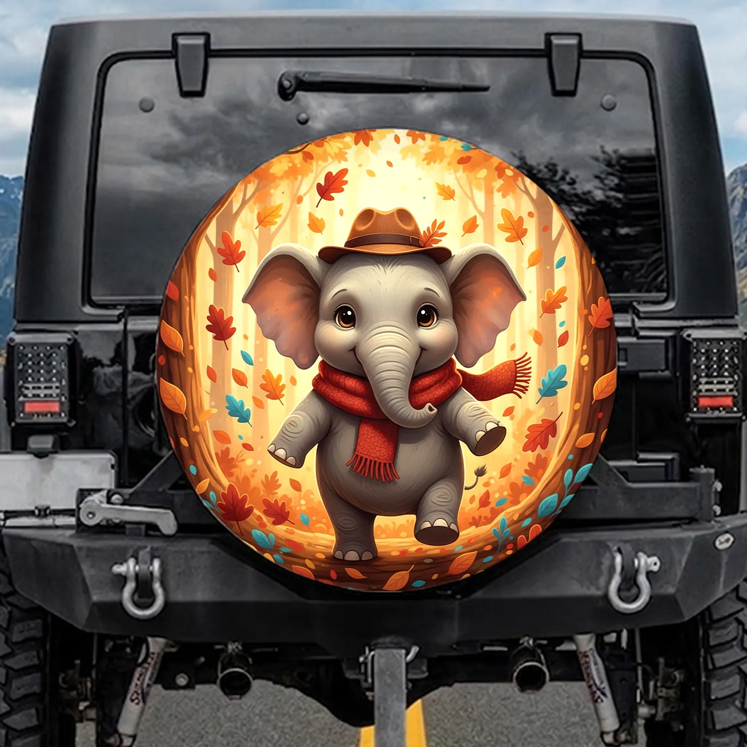 Baby Elephant Fedora Scarf Autumn Forest - Autumn Season Gift for Elephant Lover Spare Tire Cover - 1