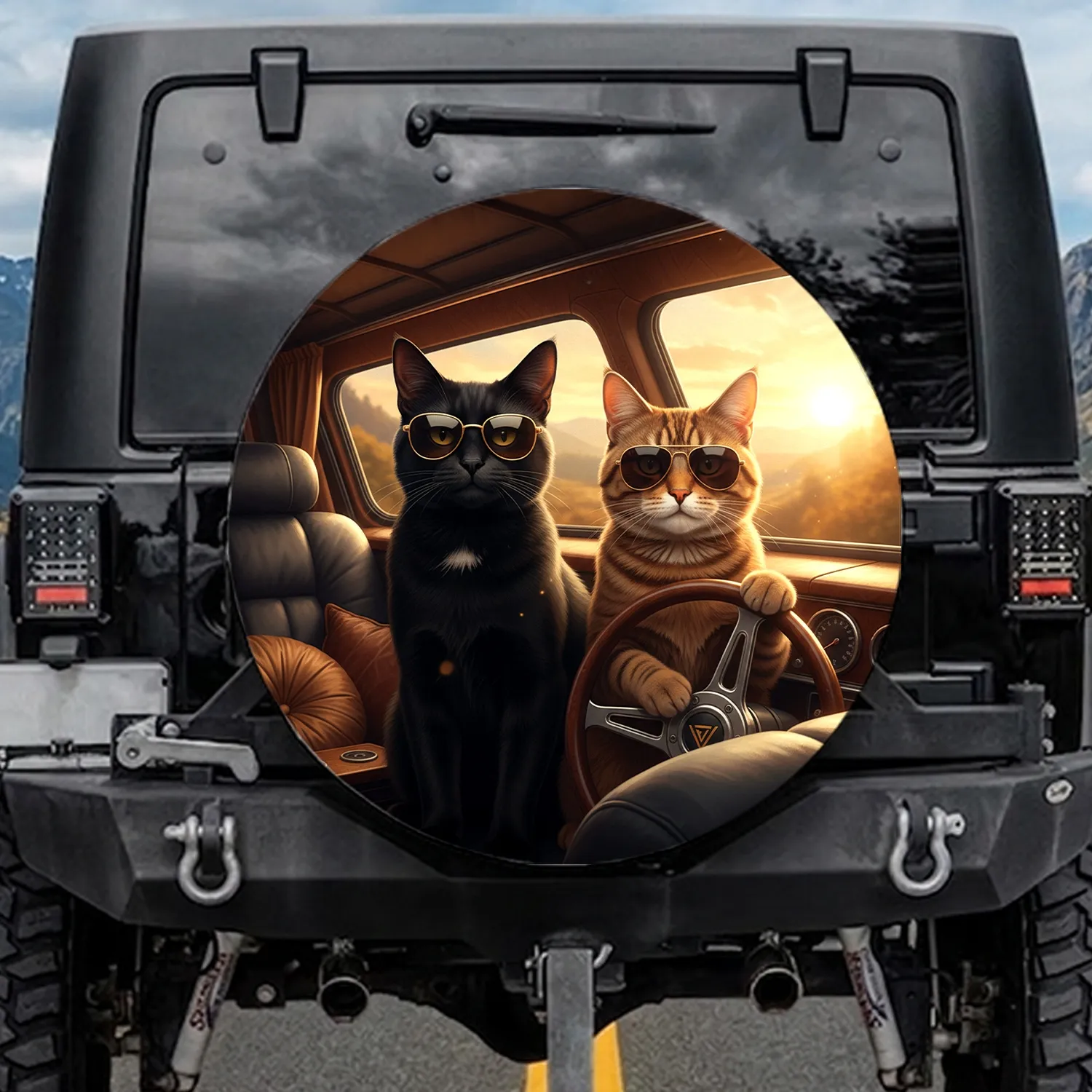 Cats Sunglasses Steering Wheel Golden Hour Landscape - Pet Lover Gift Spare Tire Cover - 1