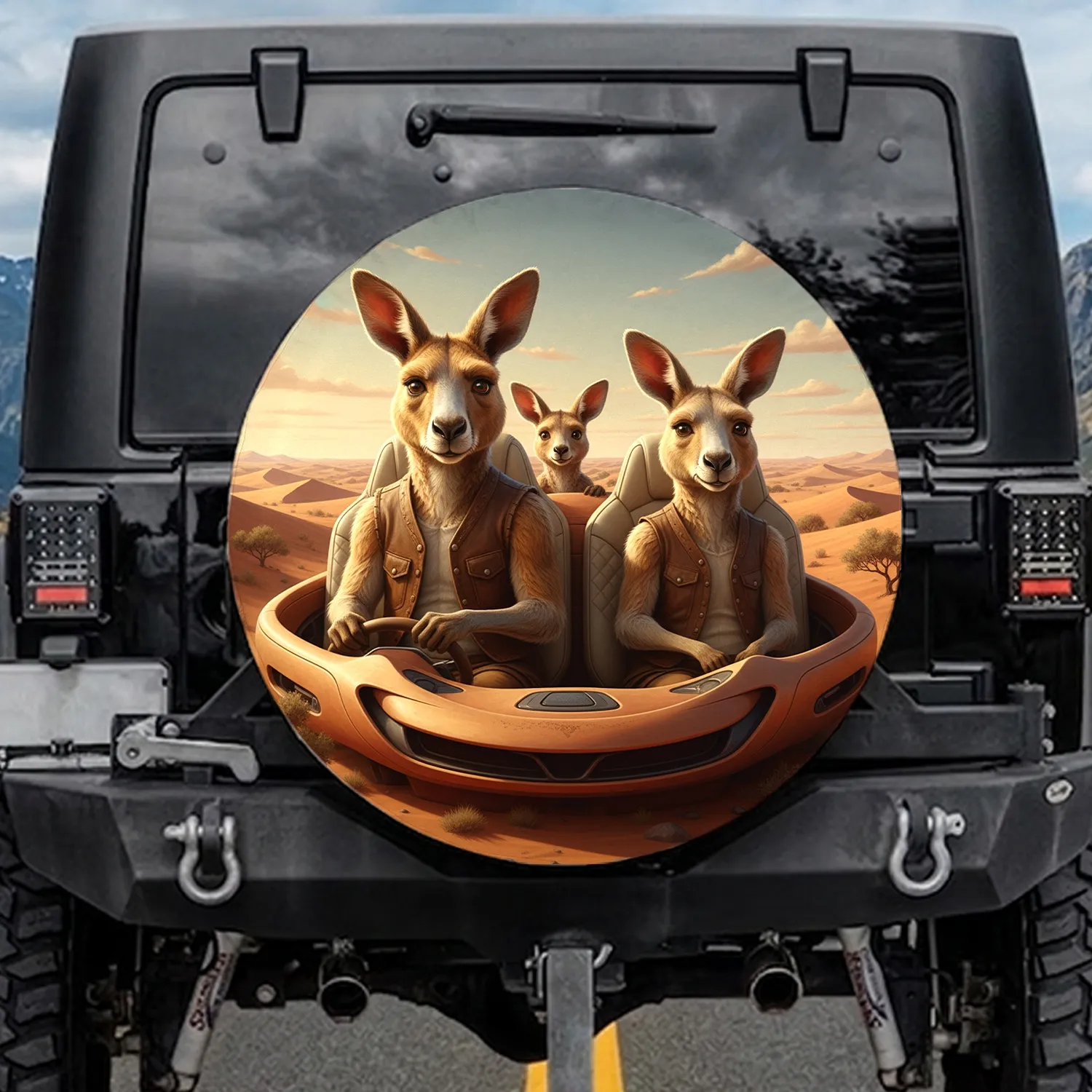 Kangaroo Family Desert Road Trip - Wildlife Lover Travel Gift Spare Tire Cover - 1