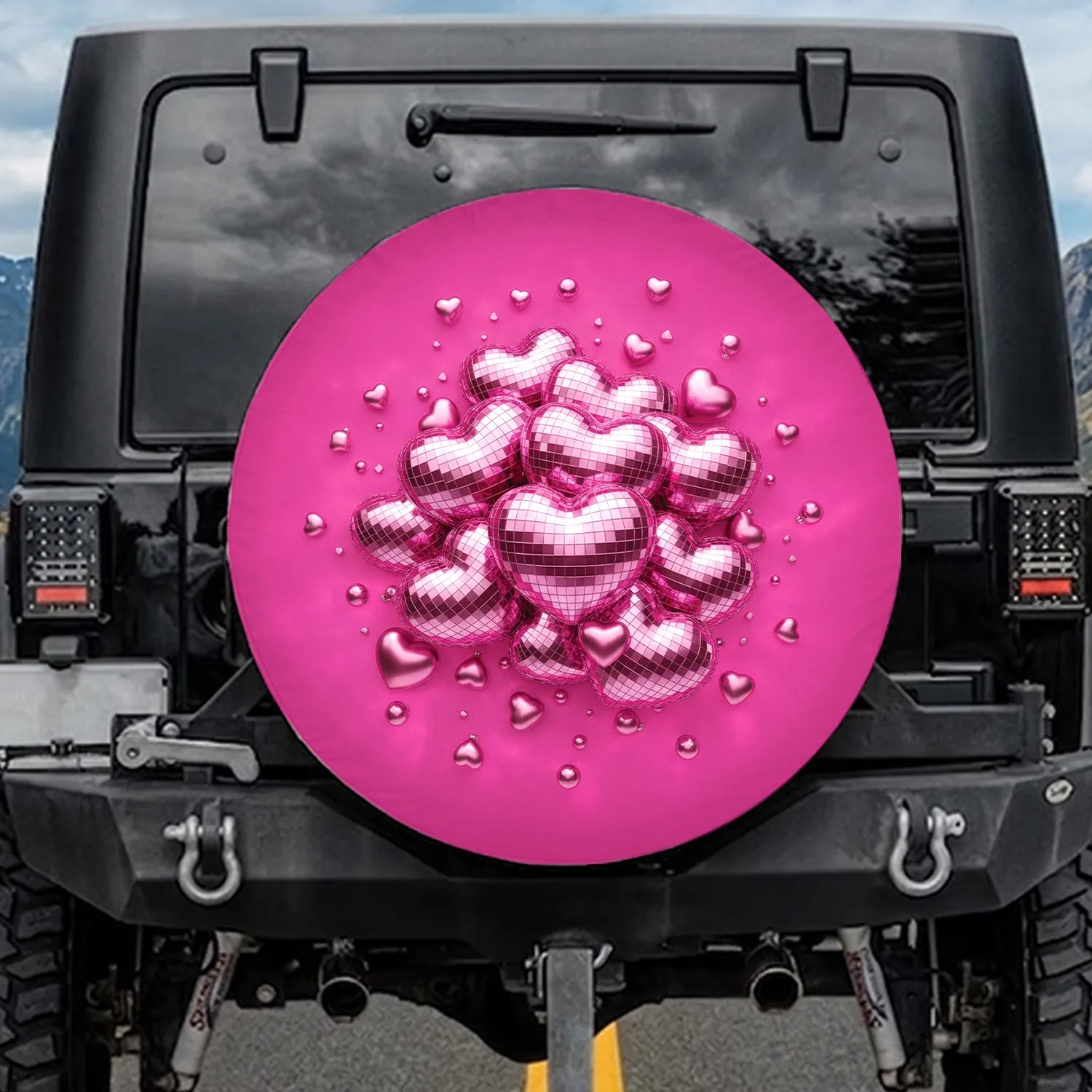 Gleaming Pink Disco Ball, Shimmering Hearts & Reflective Spheres - Festive Celebration Gift Spare Tire Cover - 1