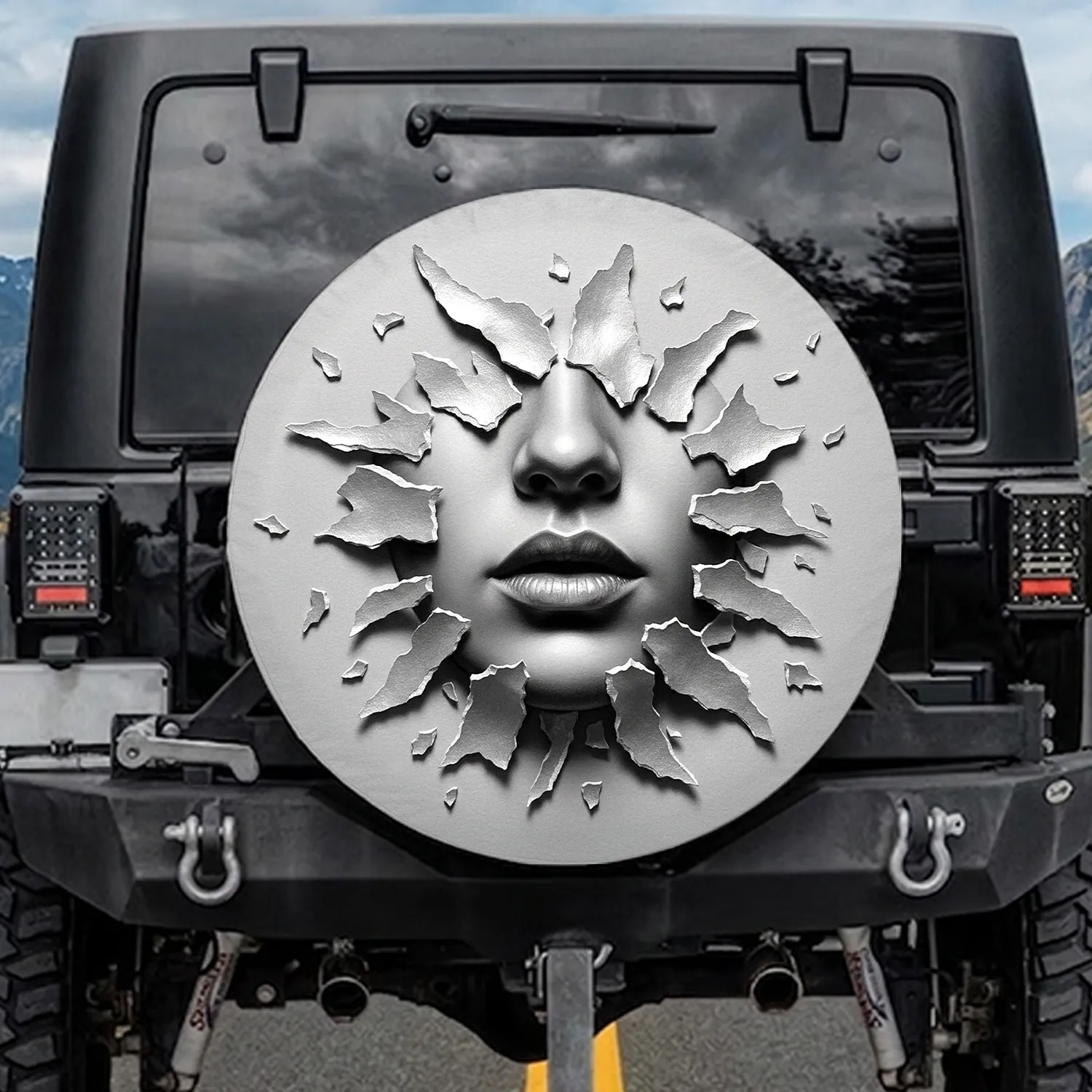 Monochrome Human Face with Exquisite Detail and Torn Layers Spare Tire Cover - 1