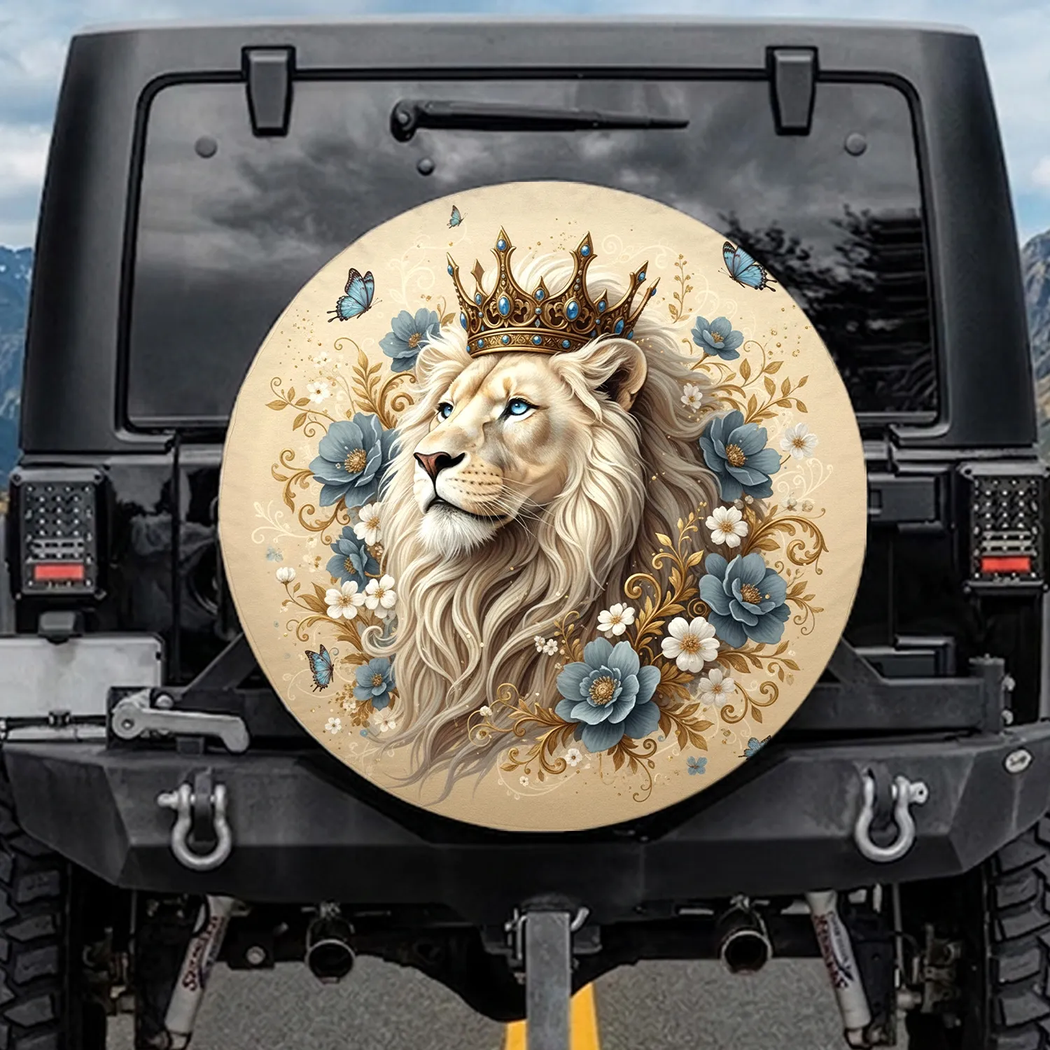 White Lion Crown Flowers Leaves Butterflies - Wildlife Decor Gift Spare Tire Cover - 1
