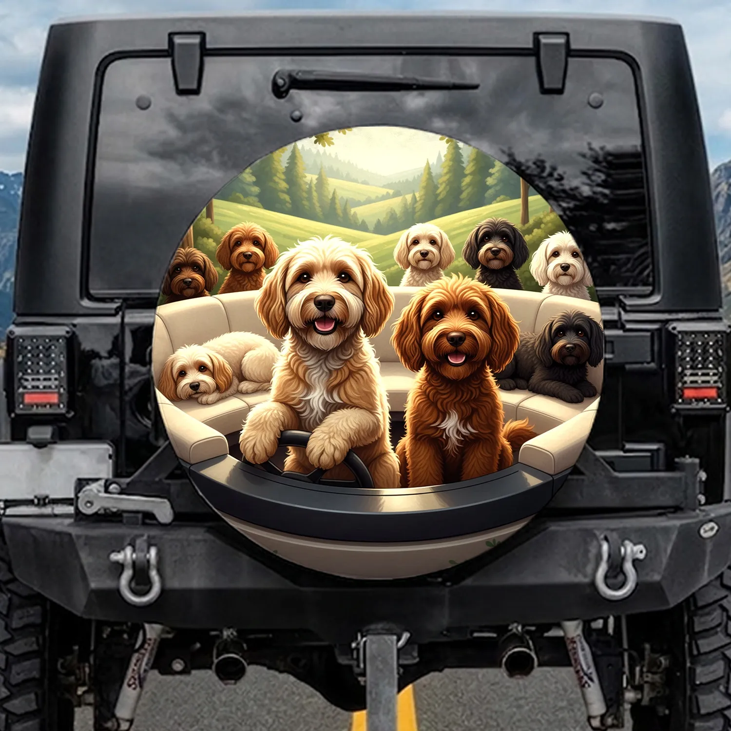 Happy Doodle Dogs Driving Car Forest Landscape - Dog Lover Road Trip Journey Gift Spare Tire Cover - 1