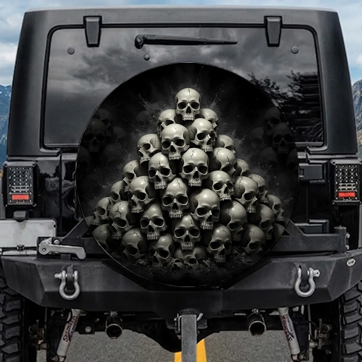 Realistic Human Skulls Pile Deep Shadow Halloween Car Decor Spare Tire Cover - 1