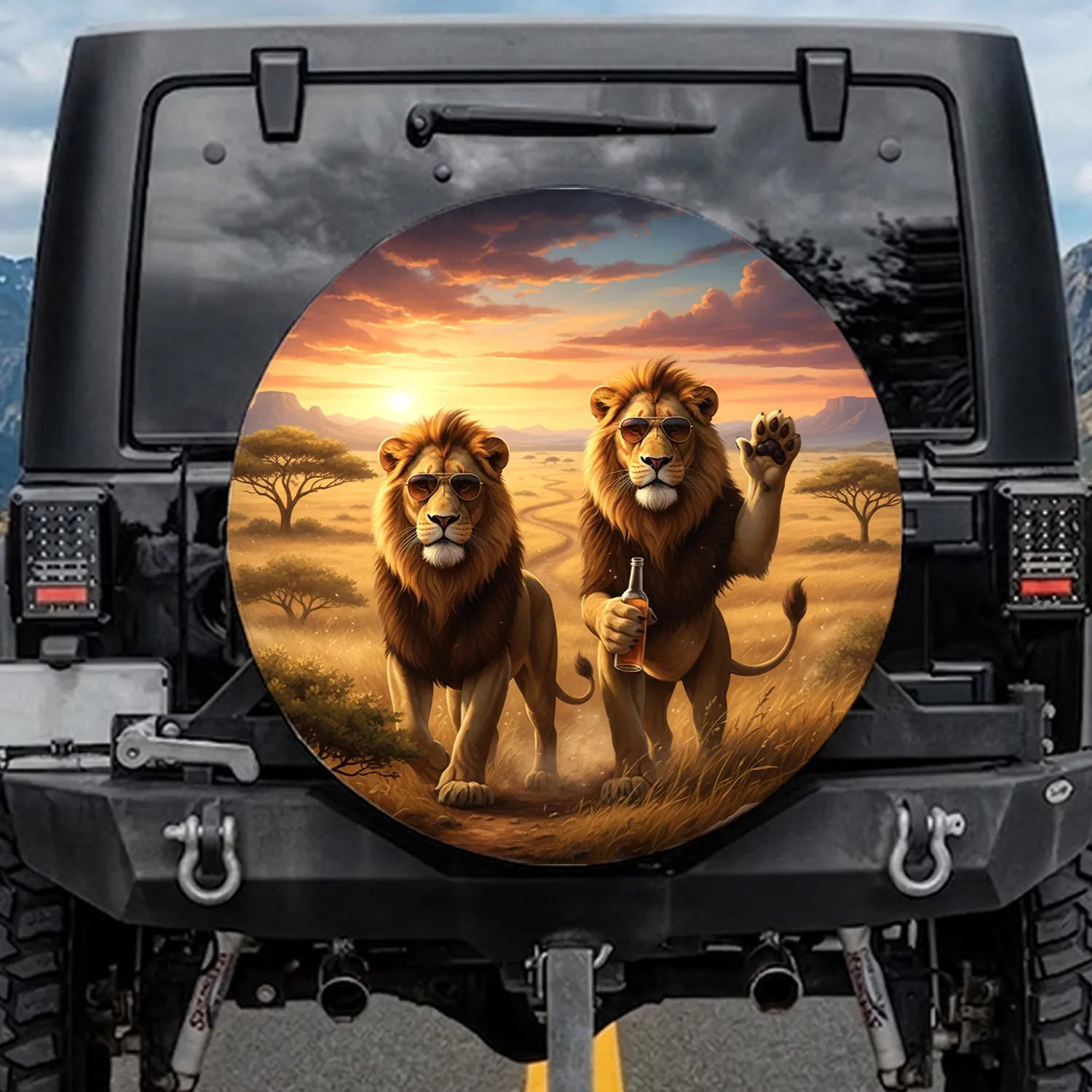Two Lions in Sunglasses Savanna Sunset Mountains - Adventure Wildlife Gift Spare Tire Cover - 1