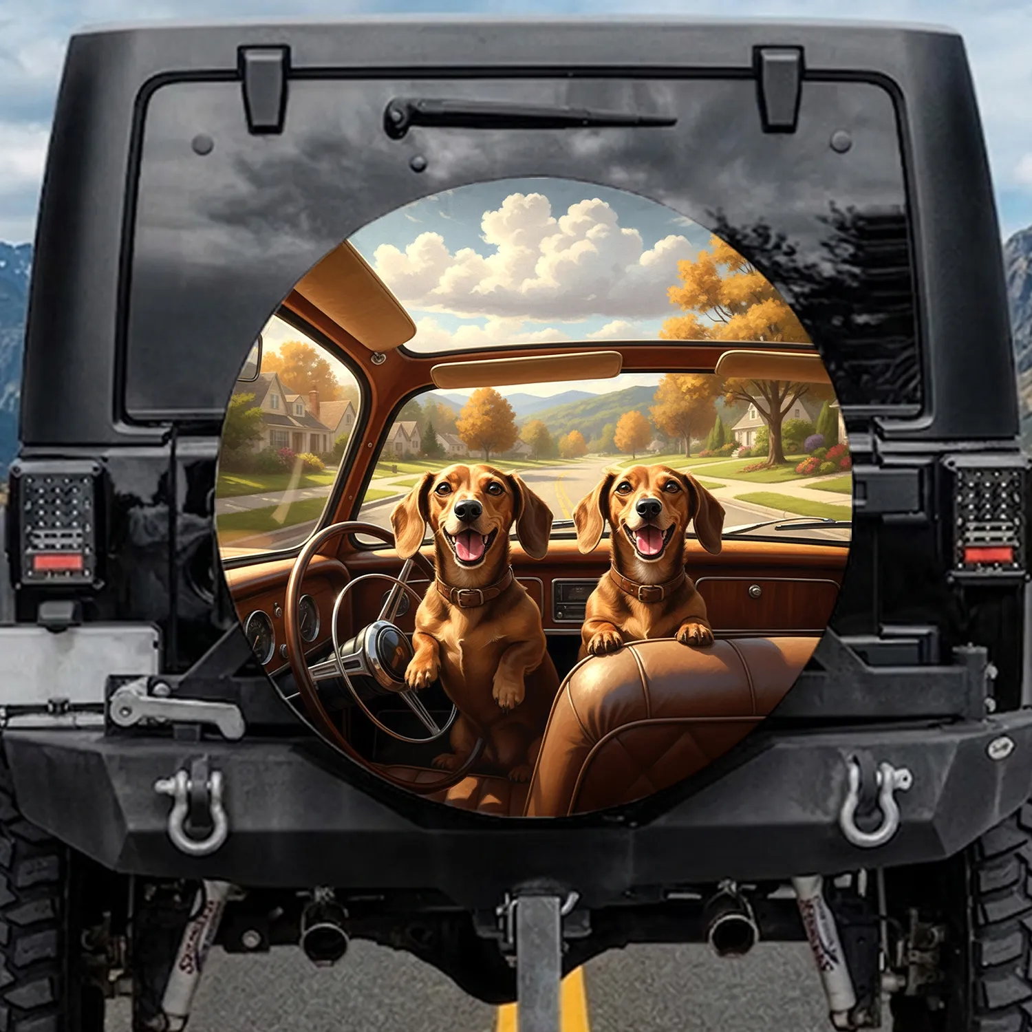 Dachshunds Driving Classic Car - Road Trip Adventure for Dog & Car Lovers Spare Tire Cover - 1