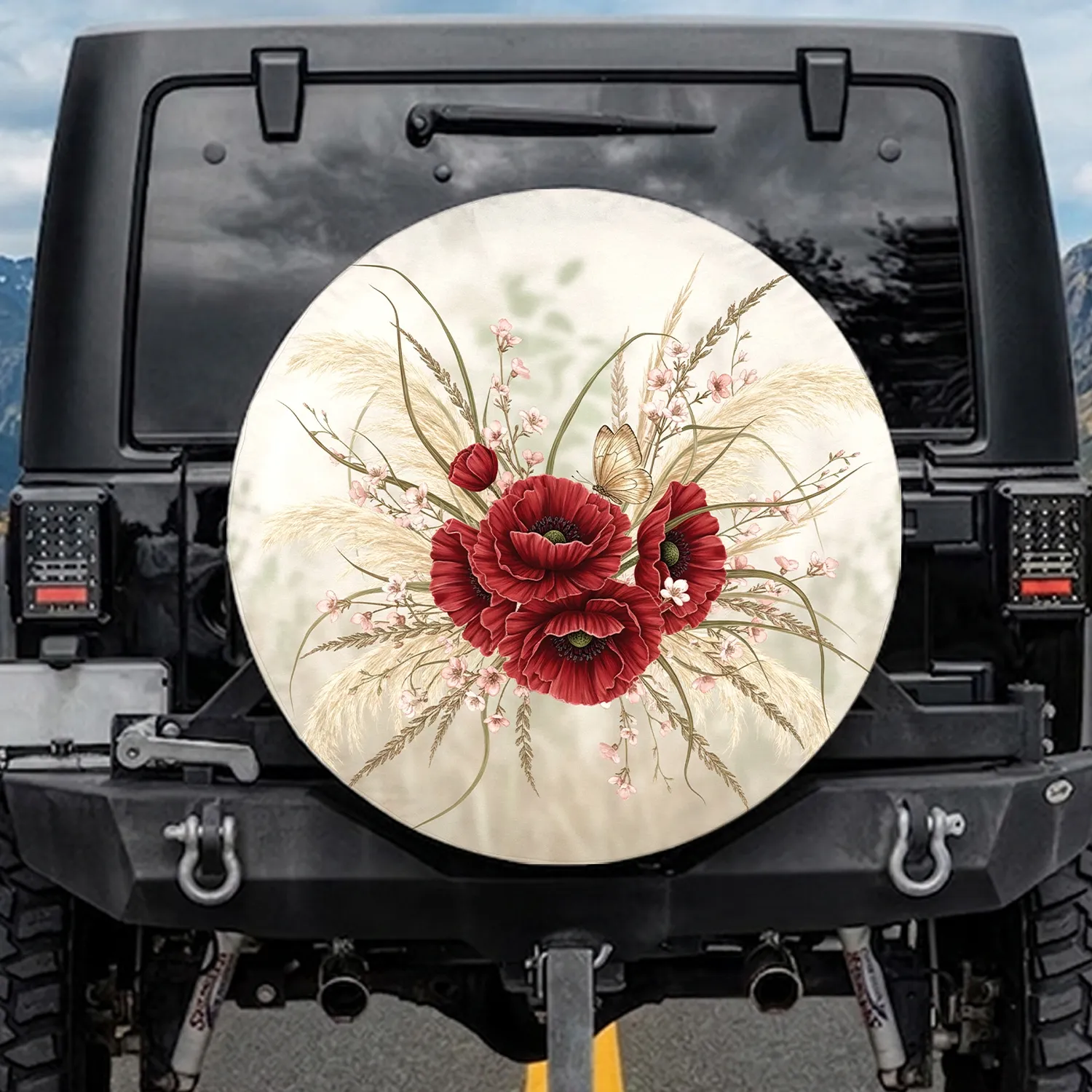 Delicate Butterfly Red Poppy Pampas Grass Wildflower - Nature Decor Gift Spare Tire Cover - 1
