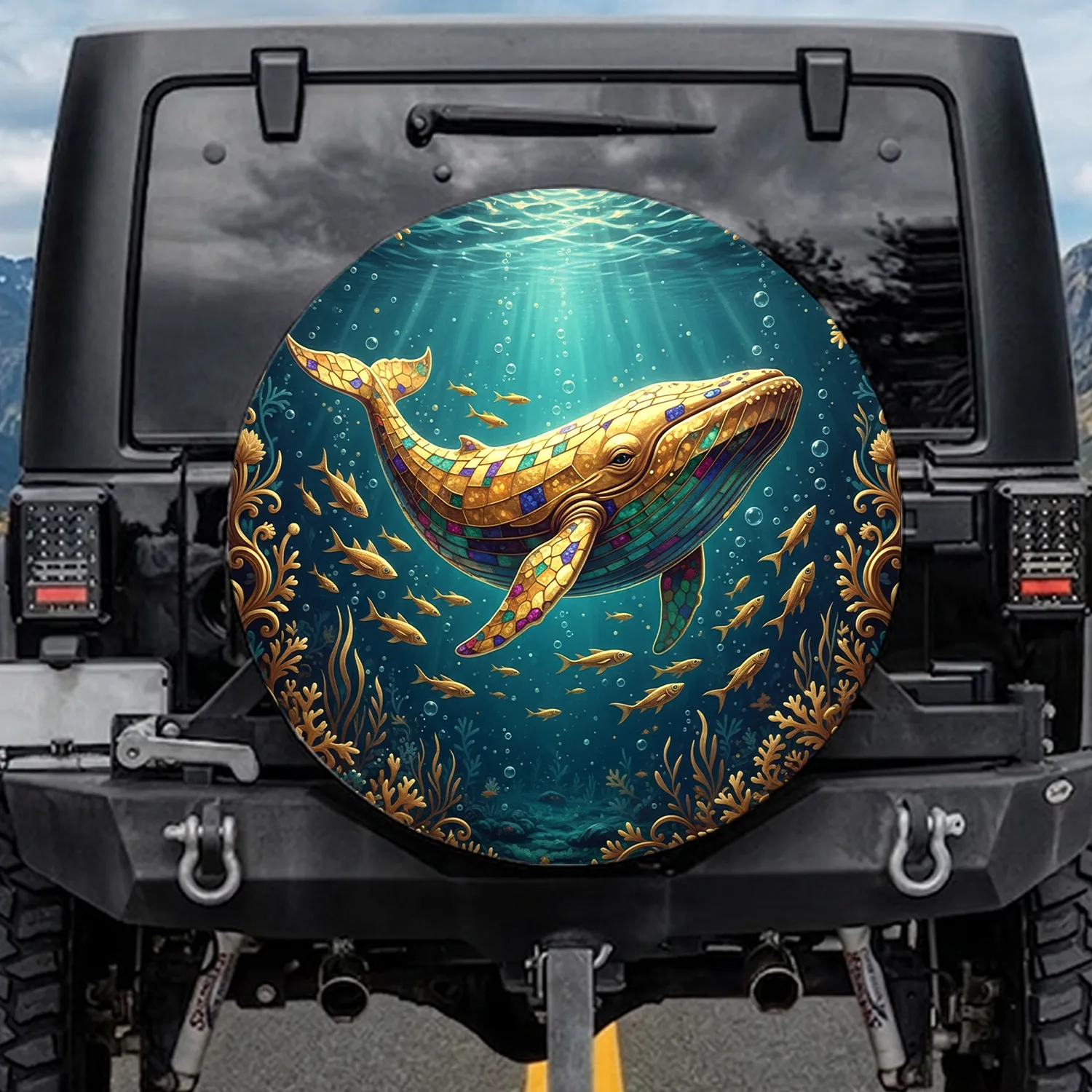Golden Whale Shimmering Jewel Mosaic Coral Scene - Underwater Life Decor Gift Spare Tire Cover - 1