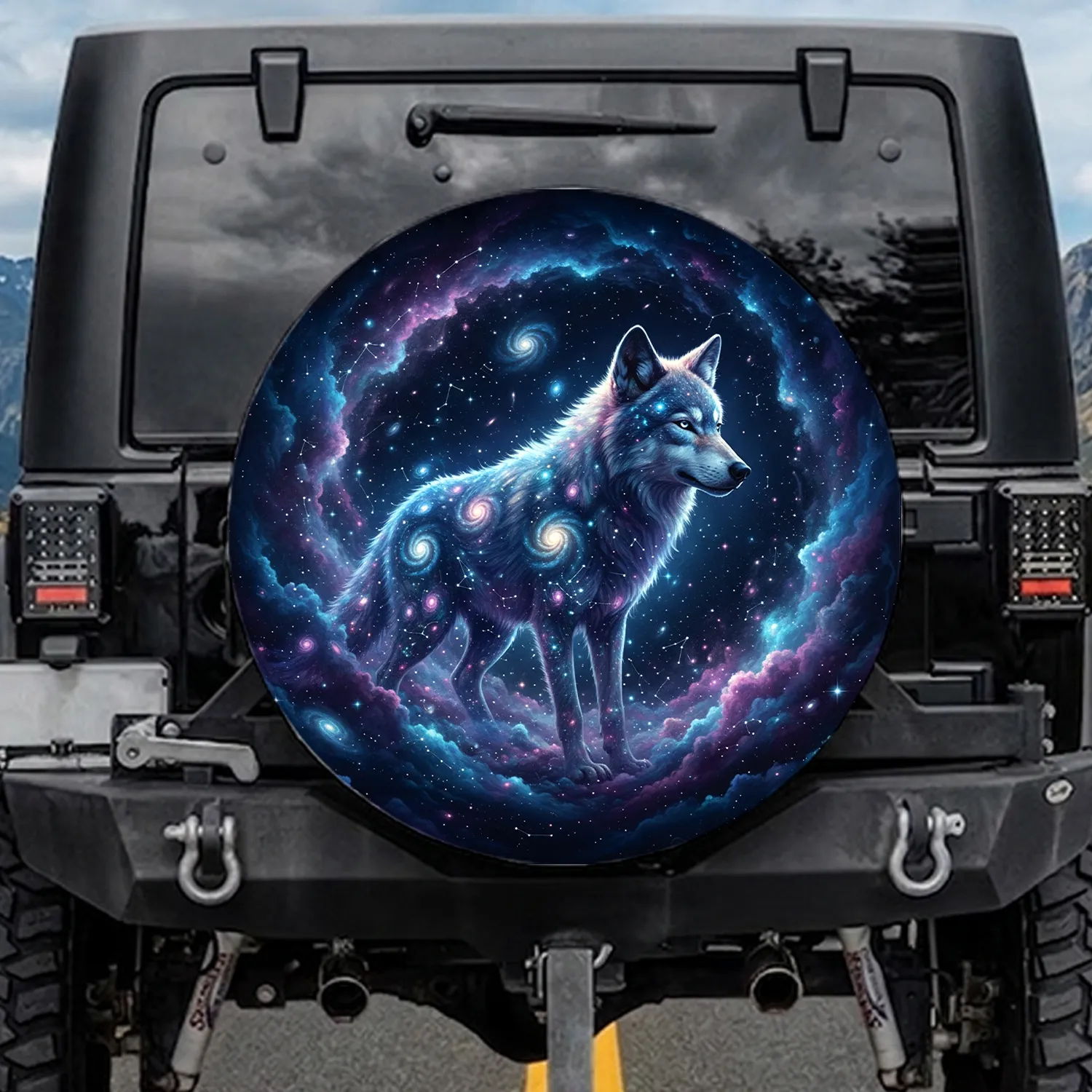 Cosmic Wolf Glowing Eyes Swirling Galaxies Constellations Nebula - Deep Space Lover Gift Spare Tire Cover - 1