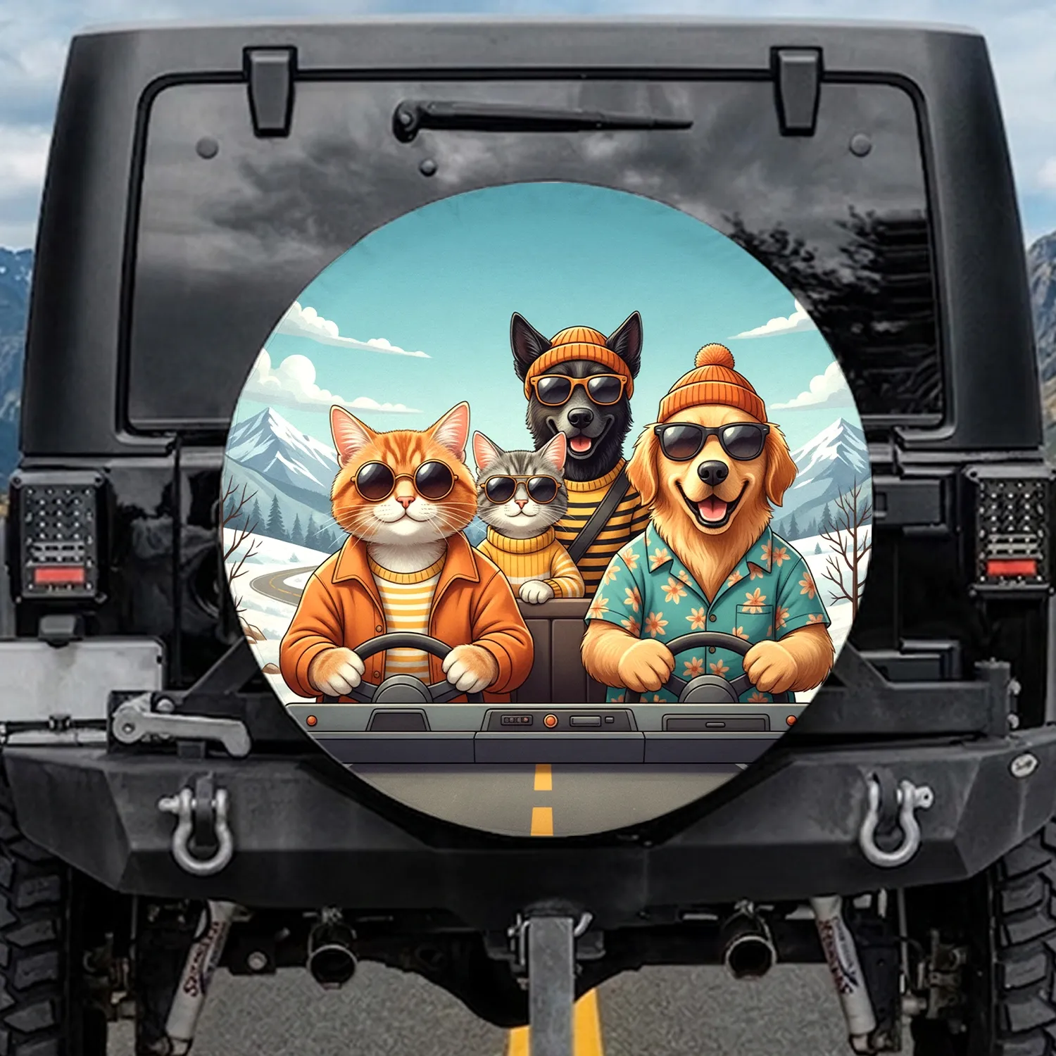 Tabby Cats Golden Retriever Driving Snowy Mountains - Road Trip Adventure Pet Lover Gift Spare Tire Cover - 1