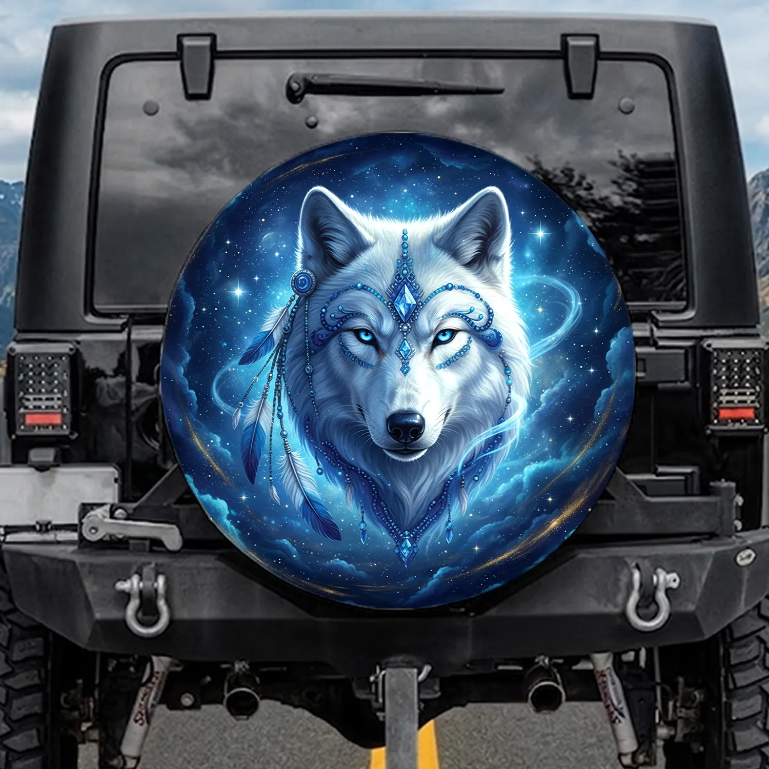 White Wolf Blue Eyes Silver Beadwork Feathers Cosmic Night Sky - Fantasy Lover Gift Spare Tire Cover - 1
