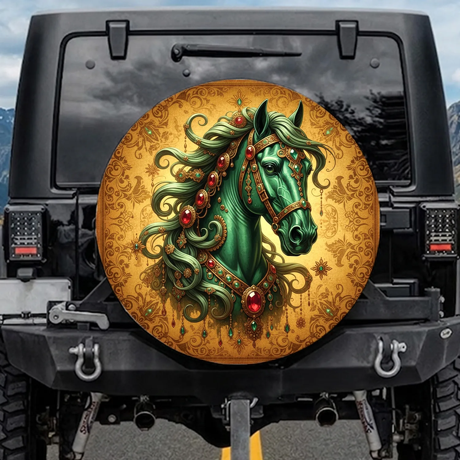 Emerald Horse Head Gold Filigree Ruby Gems - Fantasy Opulence Horse Lover Gift Spare Tire Cover - 1
