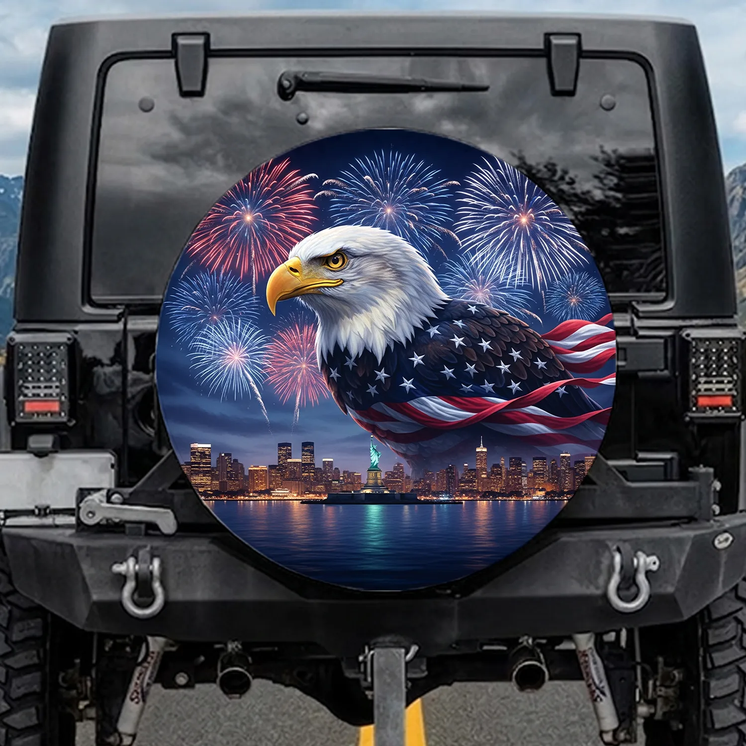 Bald Eagle American Flag Statue of Liberty Independence Day Patriotic Decor Gift Spare Tire Cover - 1