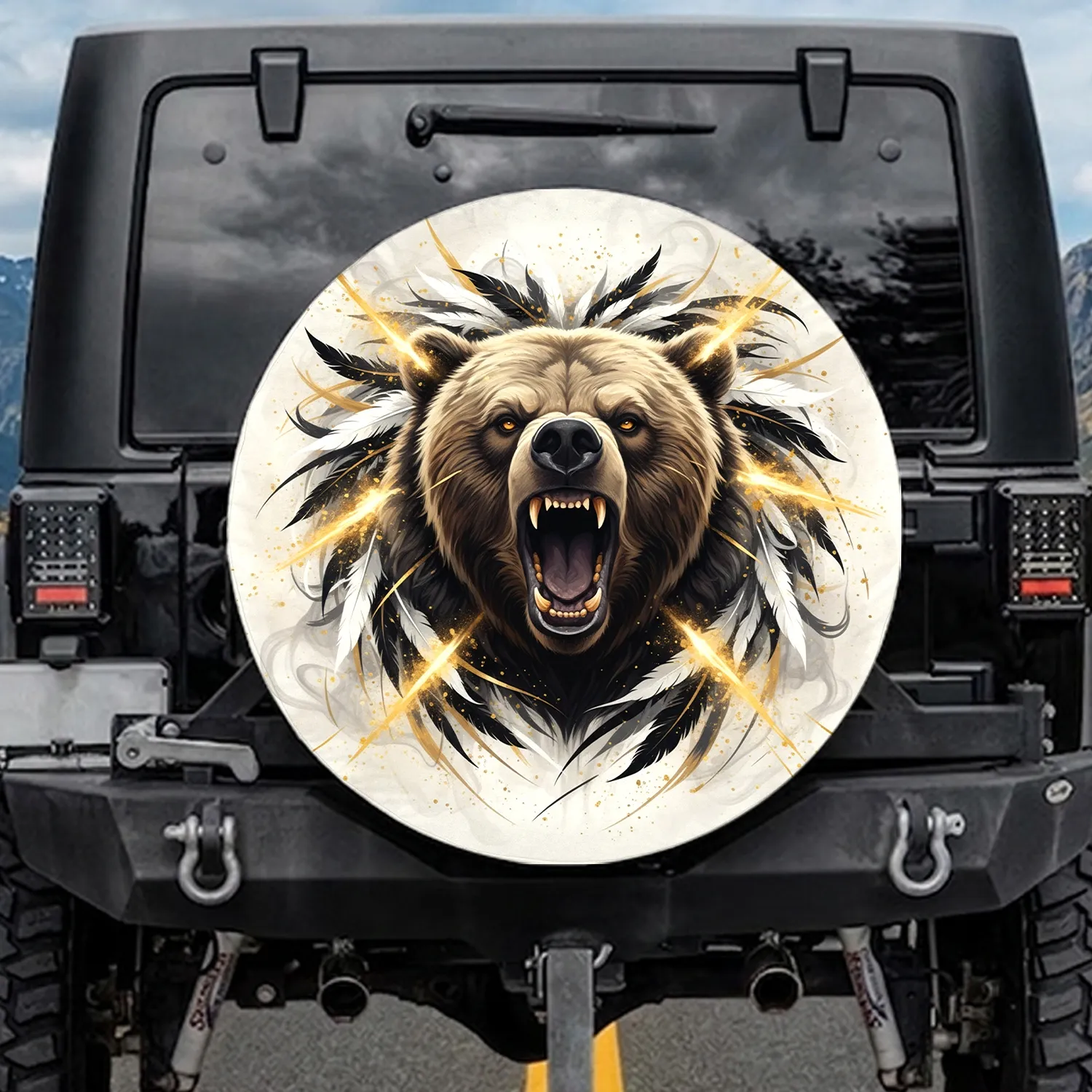 Grizzly Bear Head Roaring Golden Dust - Wildlife Lover Gift Spare Tire Cover - 1