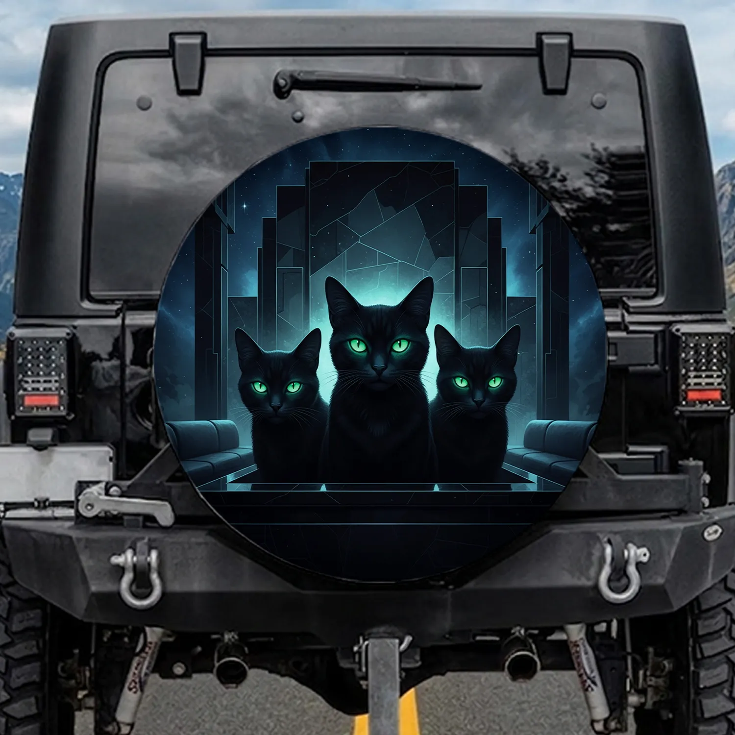 Sleek Black Cats Glowing Emerald Eyes Mysterious Lounge - Cat Lover Decor Gift Spare Tire Cover - 1