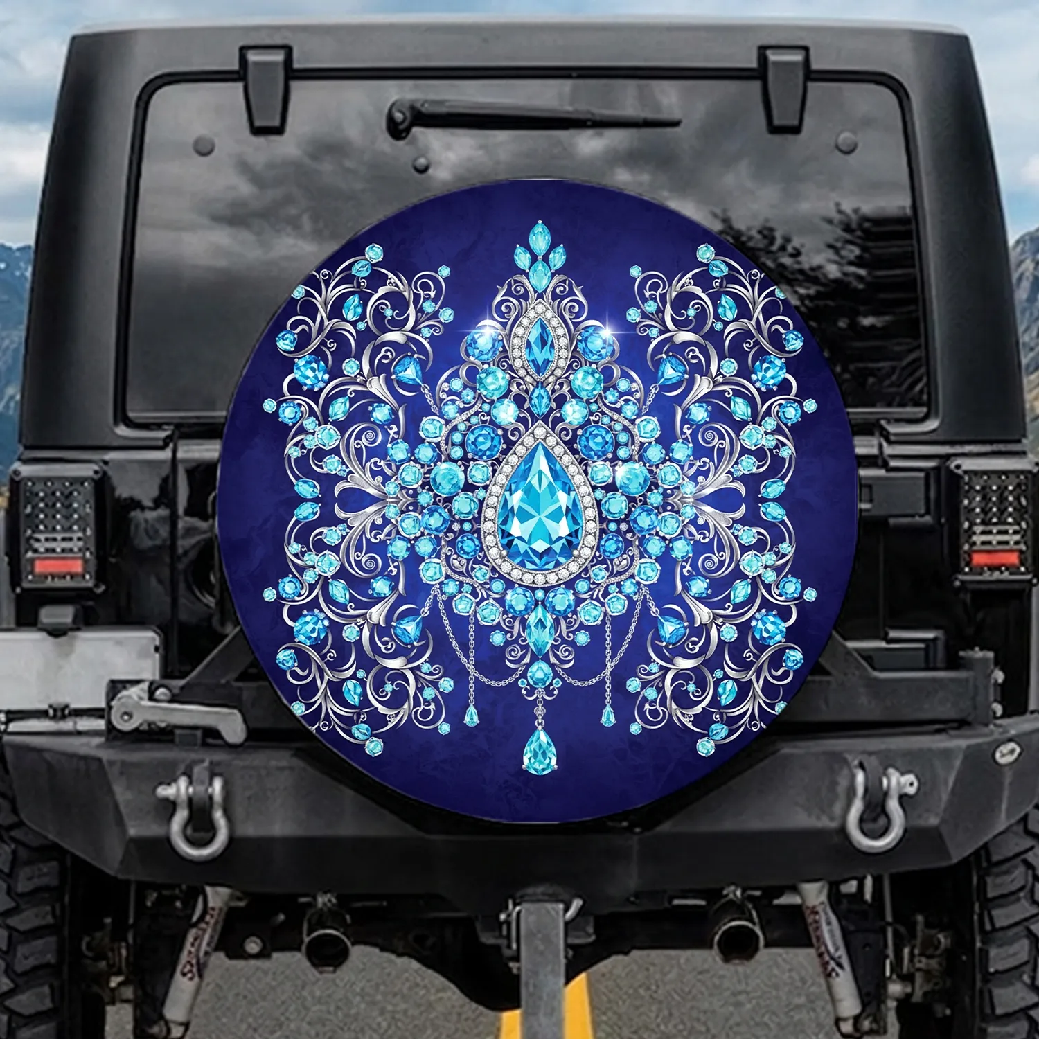 Blue Aquamarine Gemstones Silver Filigree - Luxury Decor Gift for Jewelry Lover Spare Tire Cover - 1