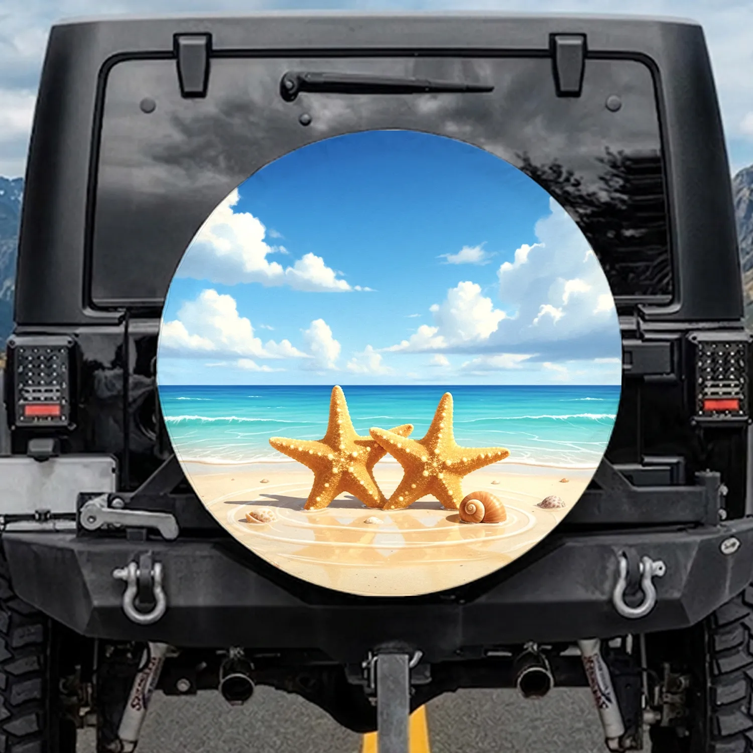 Golden Starfish Spiral Seashell Tropical Beach - Coastal Decor Gift Spare Tire Cover - 1