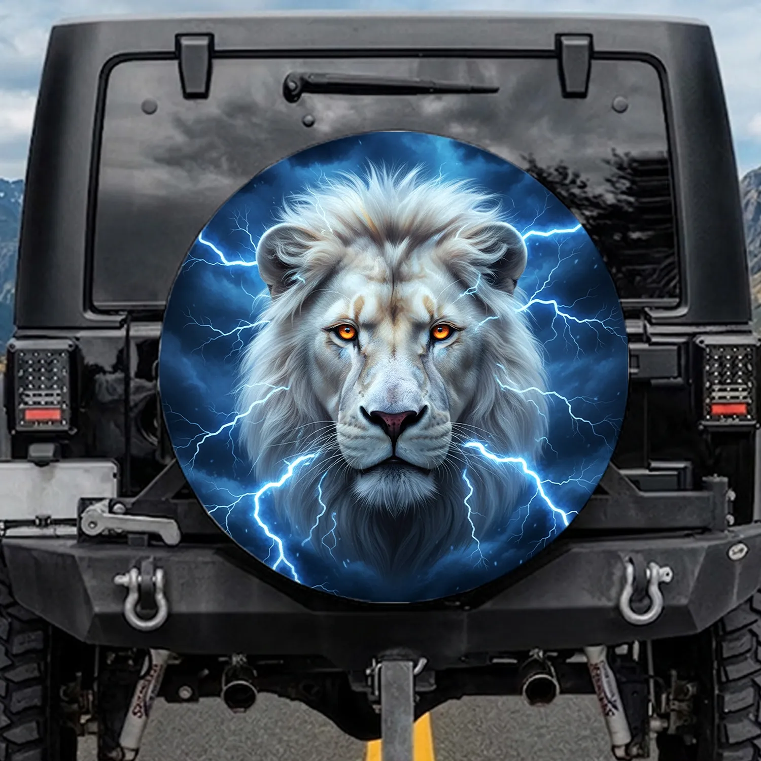 Majestic White Lion Orange Eyes Blue Lightning Stormy Sky - Wildlife Lover Gift Spare Tire Cover - 1
