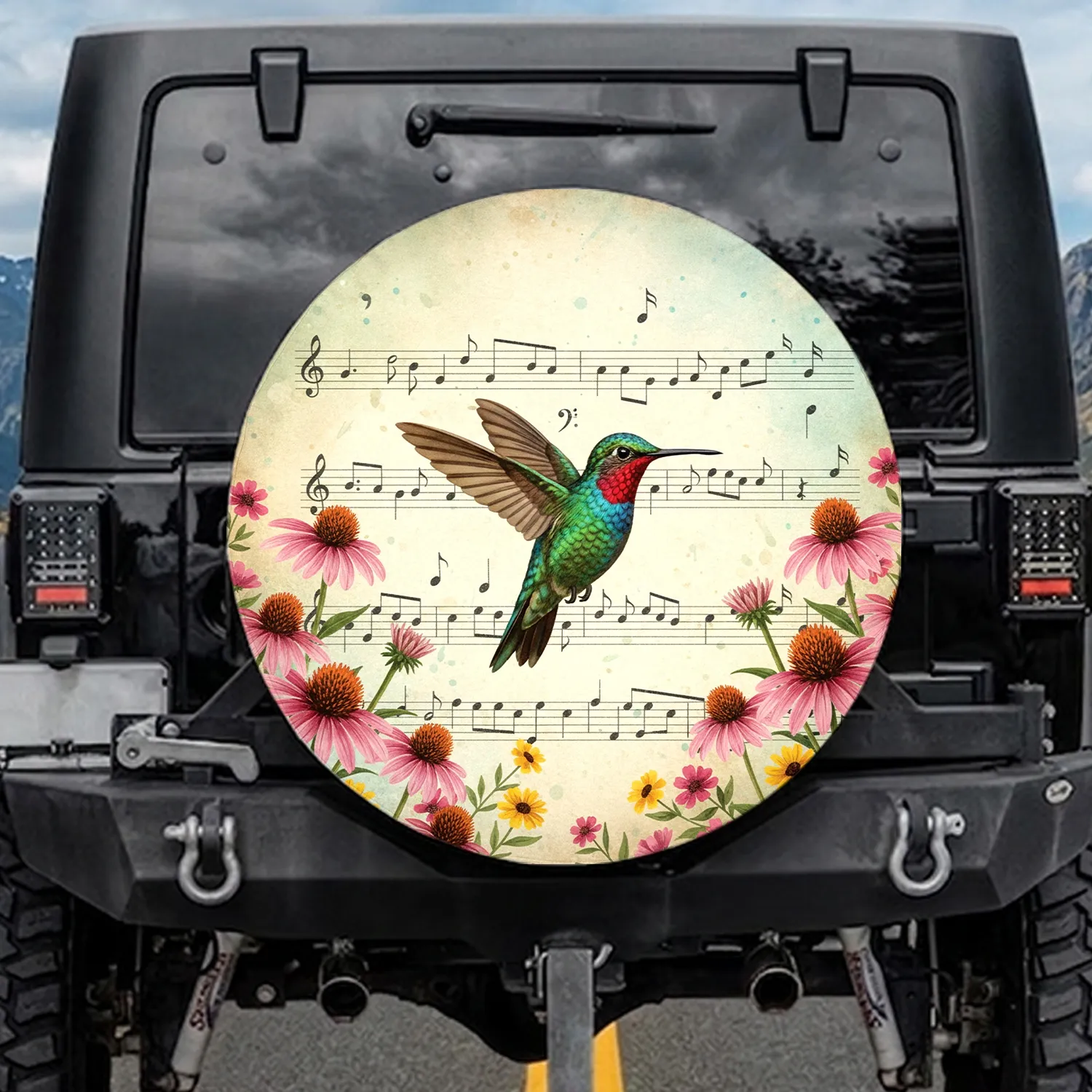 Ruby-throated Hummingbird Pink Coneflower Wildflowers Music Wildlife Lover Gift Spare Tire Cover - 1