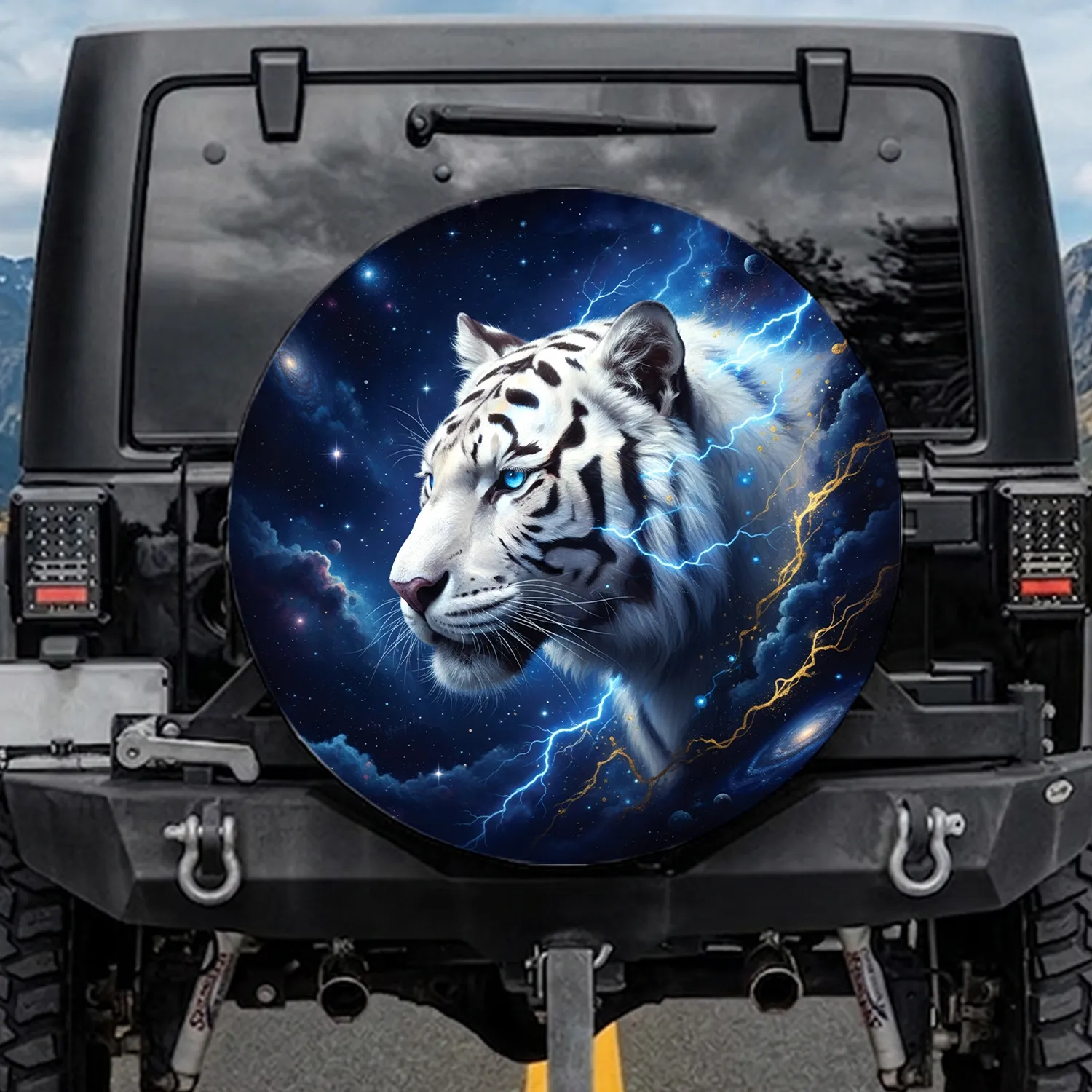White Tiger Ice Blue Eyes Lightning Gold Energy Cosmic Nebula - Wildlife Lover Gift Spare Tire Cover - 1