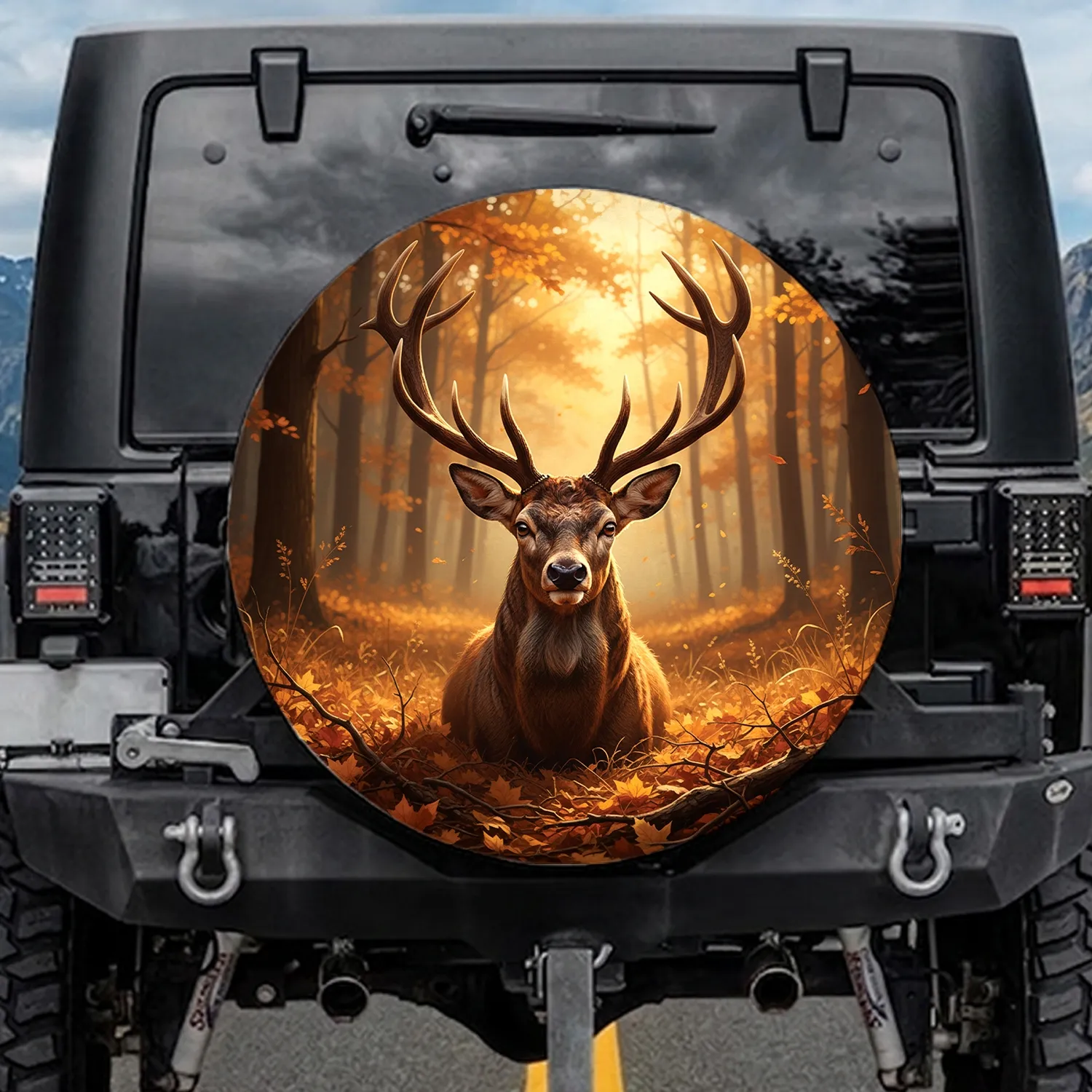 Large Antlered Buck Golden Autumn Forest Dappled Light - Wildlife Lover Gift Spare Tire Cover - 1