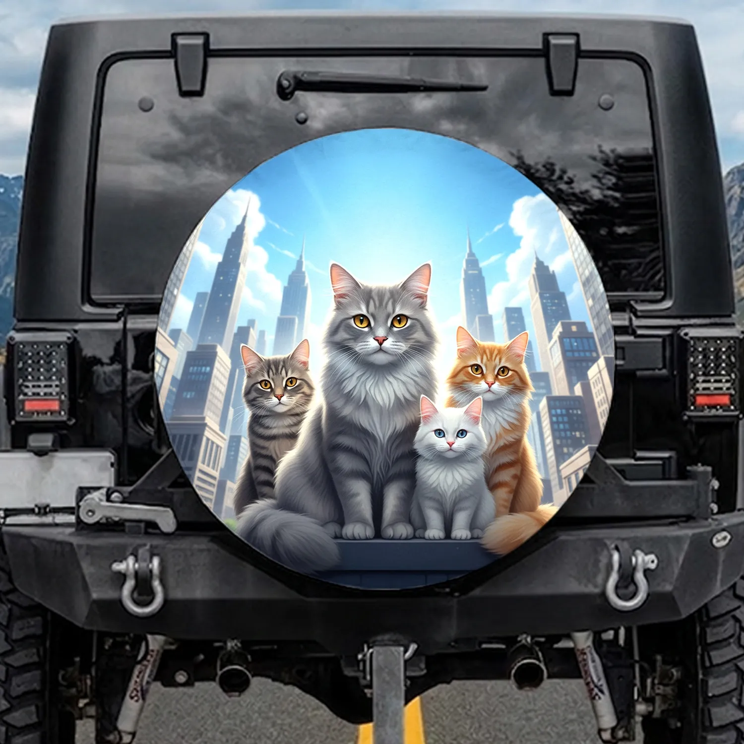 Light Grey Cat Golden Eyes, Diverse Cats Urban Cityscape - Pet Lover Everyday Decor Gift Spare Tire Cover - 1