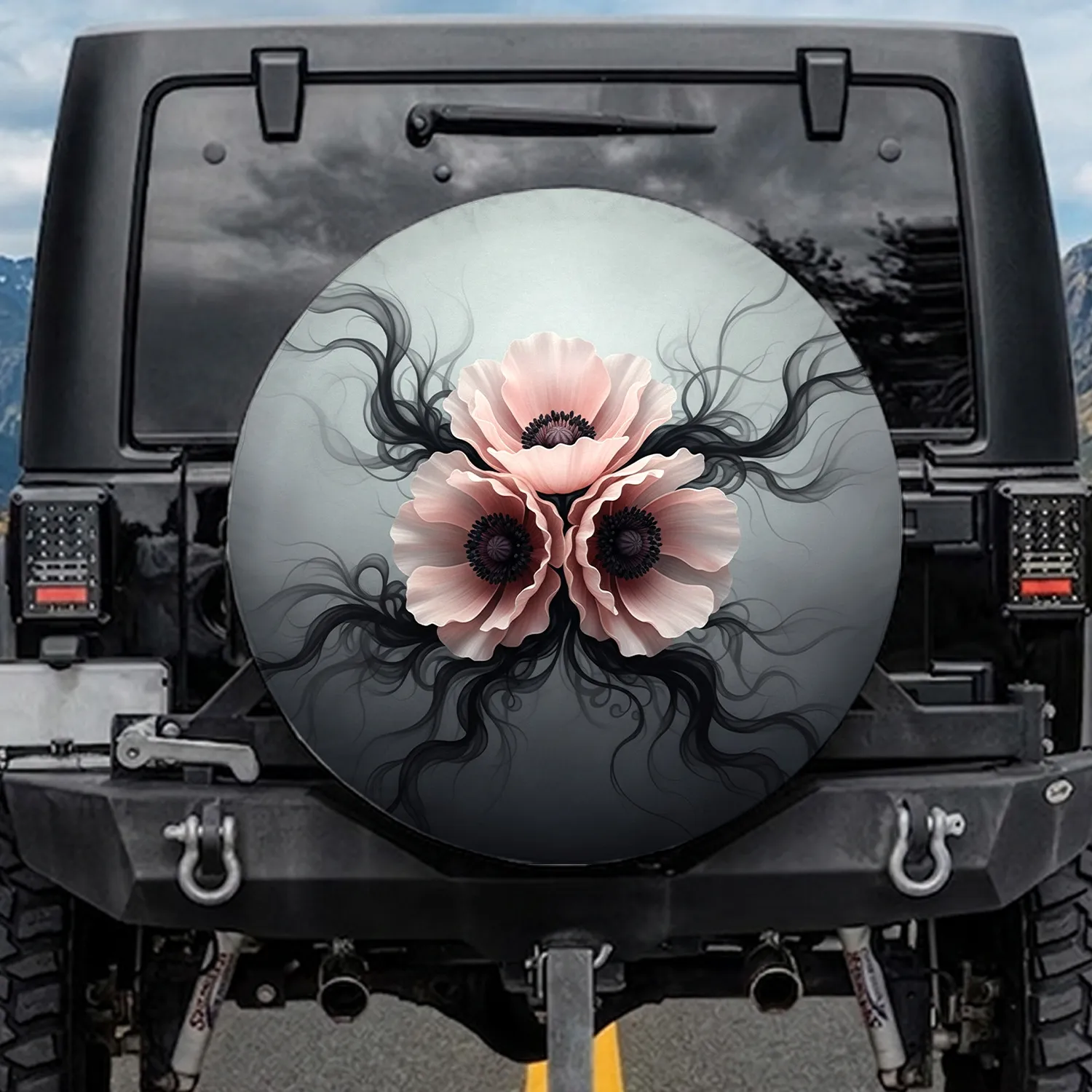 Ethereal Soft Blush Pink Poppy Flowers Dark Charcoal Smoke Tendrils - Elegant Decor Gift Spare Tire Cover - 1