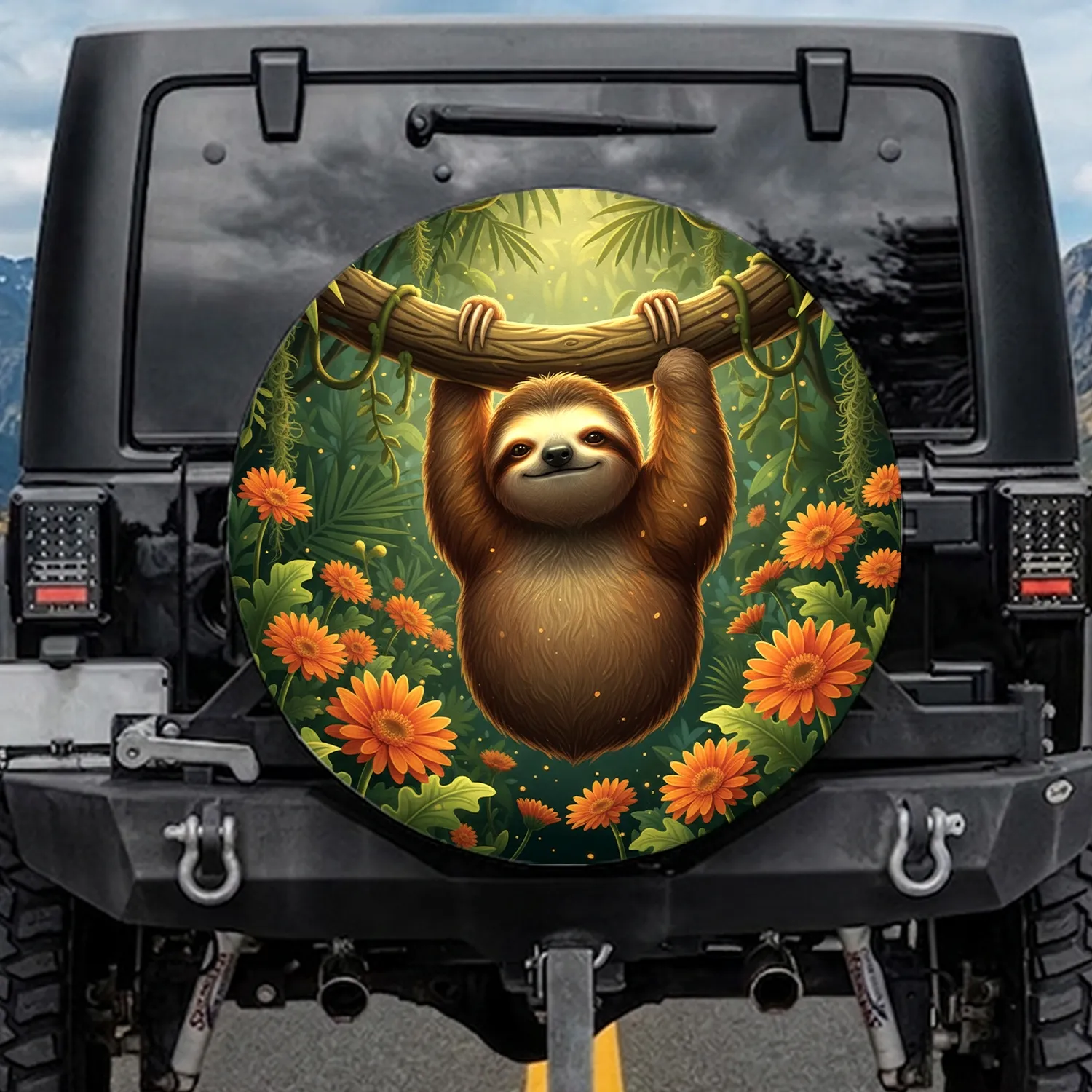 Smiling Sloth Gerbera Daisies Tropical Jungle - Wildlife Sloth Lover Gift Spare Tire Cover - 1