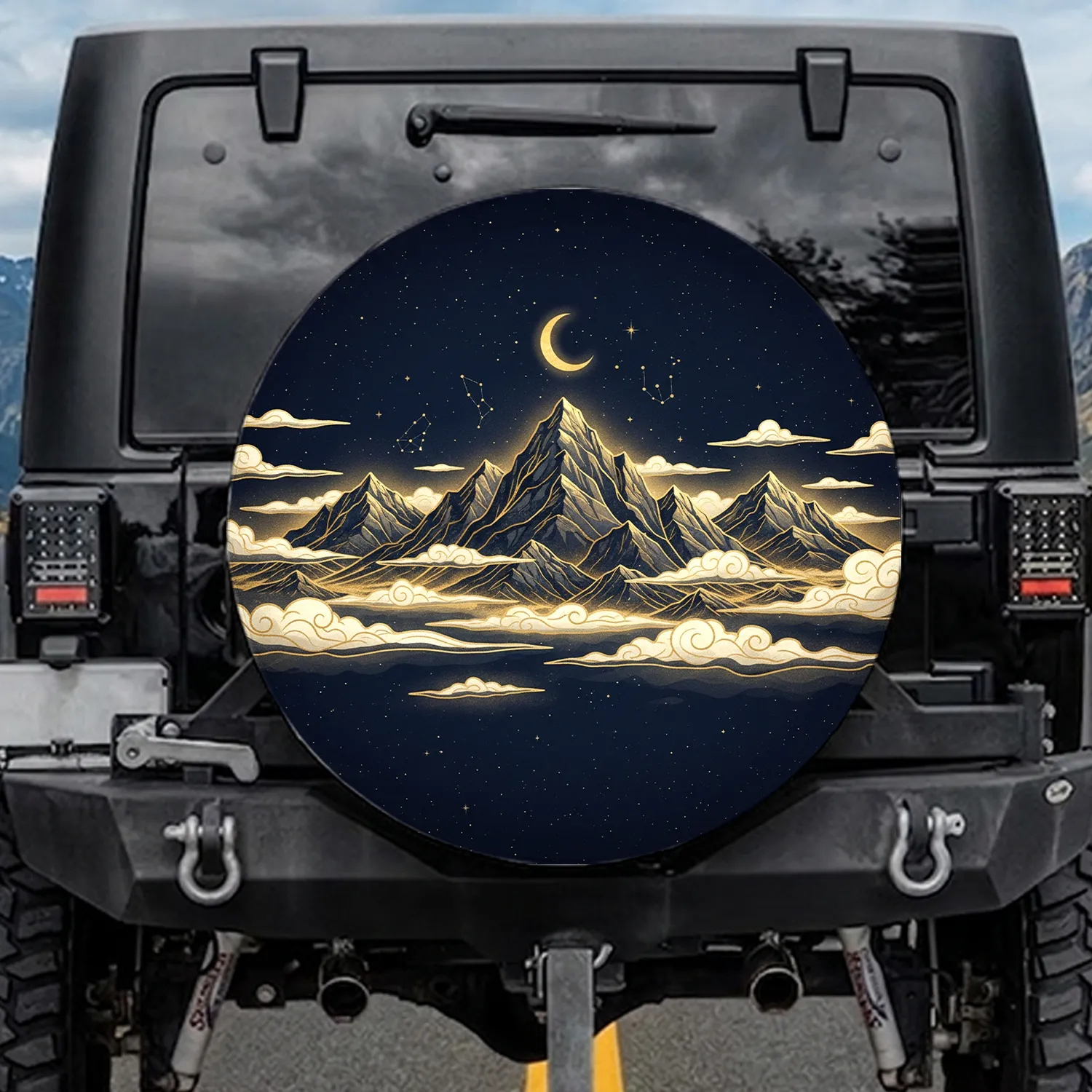 Mountains Crescent Moon Star Clusters Mist Night Sky Spare Tire Cover - 1
