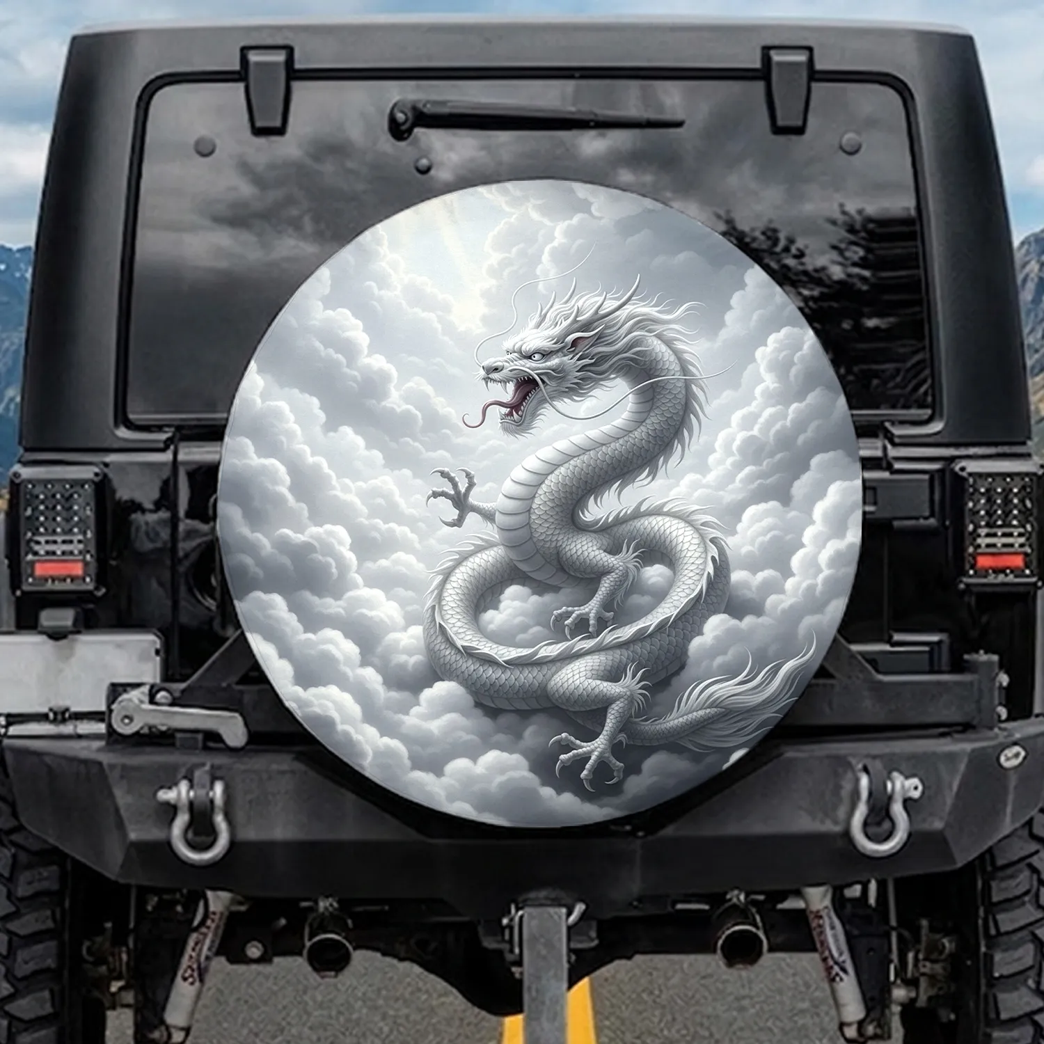 Majestic White Oriental Dragon Clouds - Decor Gift for Dragon Lover Spare Tire Cover - 1