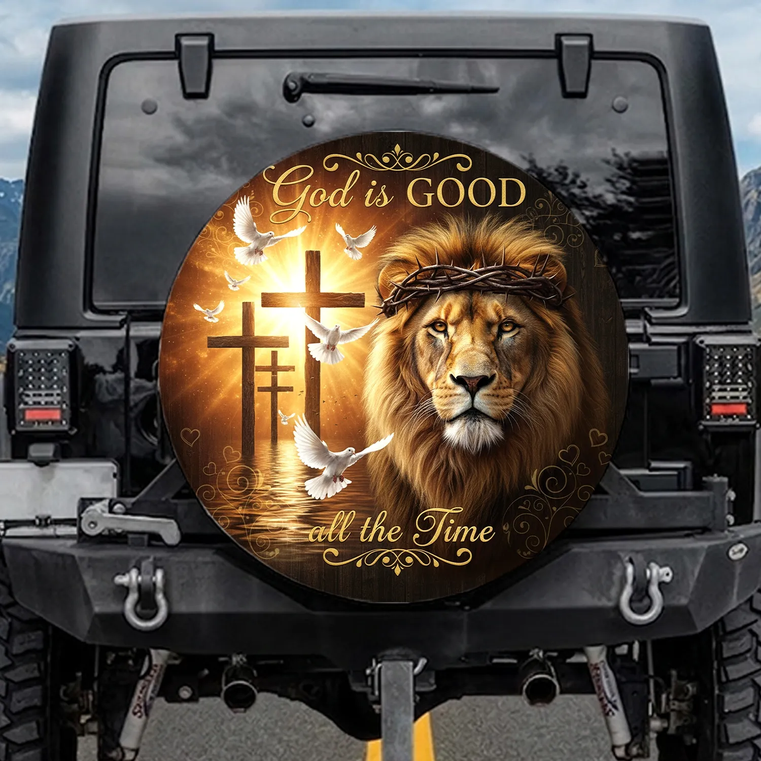 Lion Crown of Thorns Crosses Doves God is GOOD - Faith Decor Gift Spare Tire Cover - 1