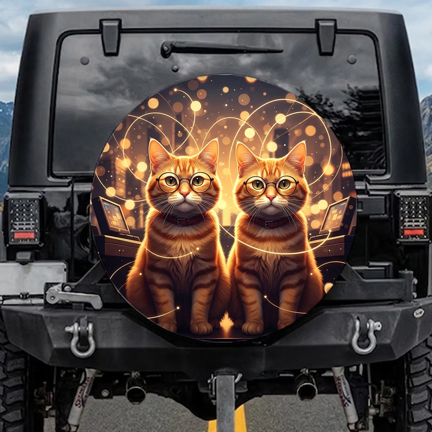 Ginger Tabby Cats Glasses Warm Cityscape - Cat Lover Gift Spare Tire Cover - 1