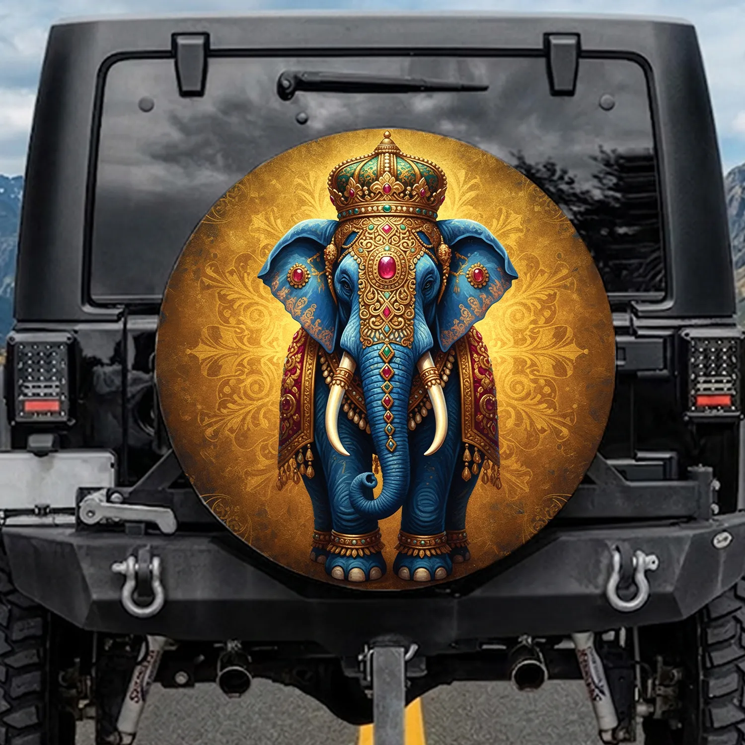 Royal Blue Elephant Gold Jewel Crown Regalia - Luxury Decor Gift for Elephant Lover Spare Tire Cover - 1
