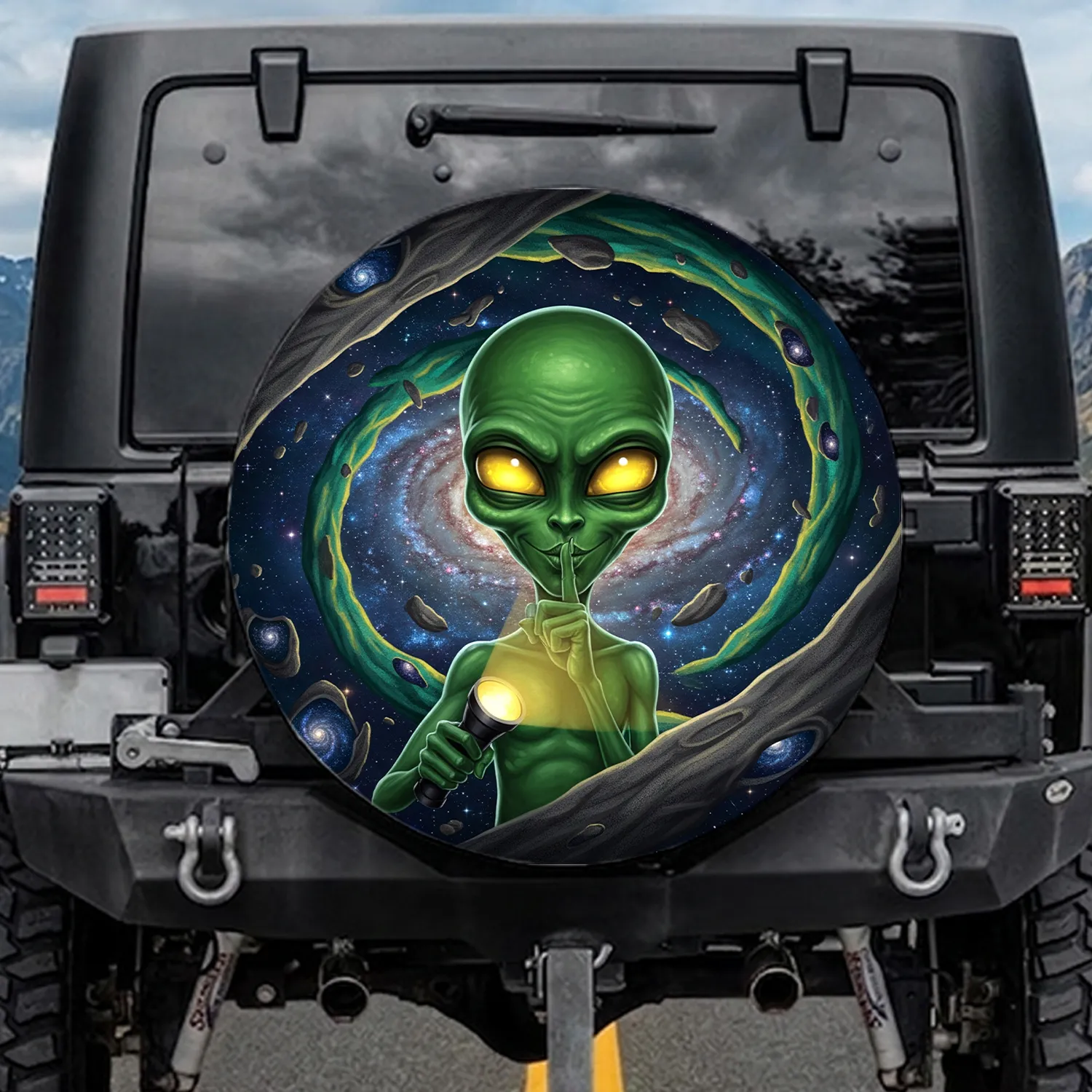 Green Alien Shhh Glowing Eyes - Cosmic Galaxy Space Adventure Gift Spare Tire Cover - 1
