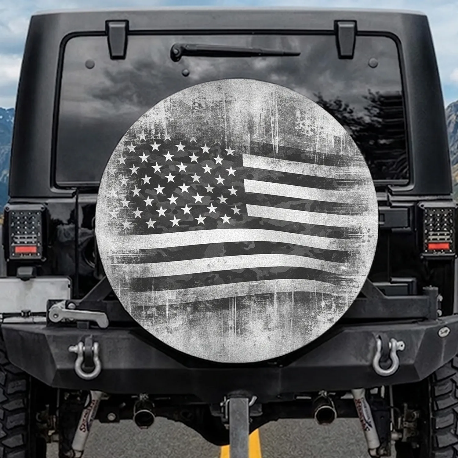 Monochrome Distressed American Flag Patriotic Camouflage Stars Spare Tire Cover - 1