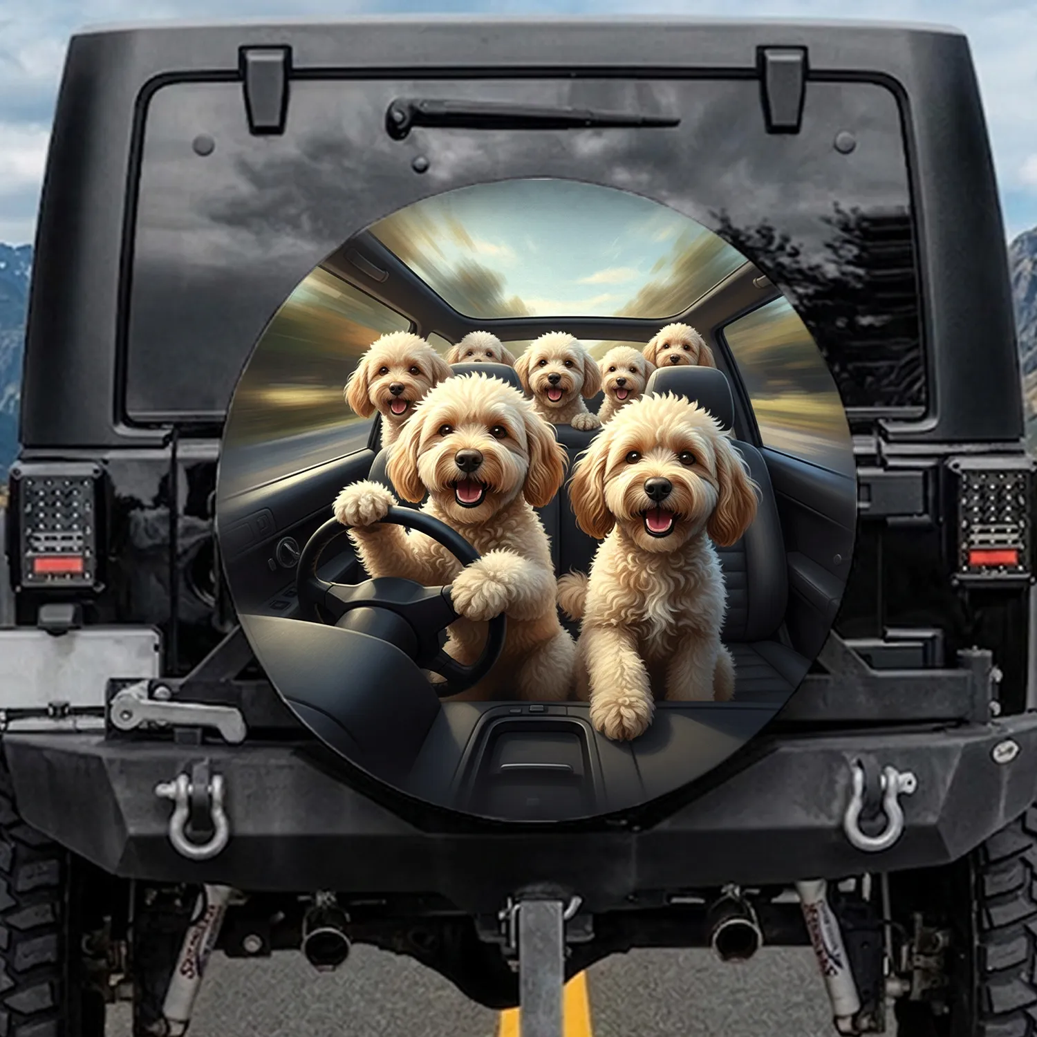 Fluffy Poodle Dogs Steering Wheel Drive Adventure - Dog Lover Road Trip Gift Spare Tire Cover - 1