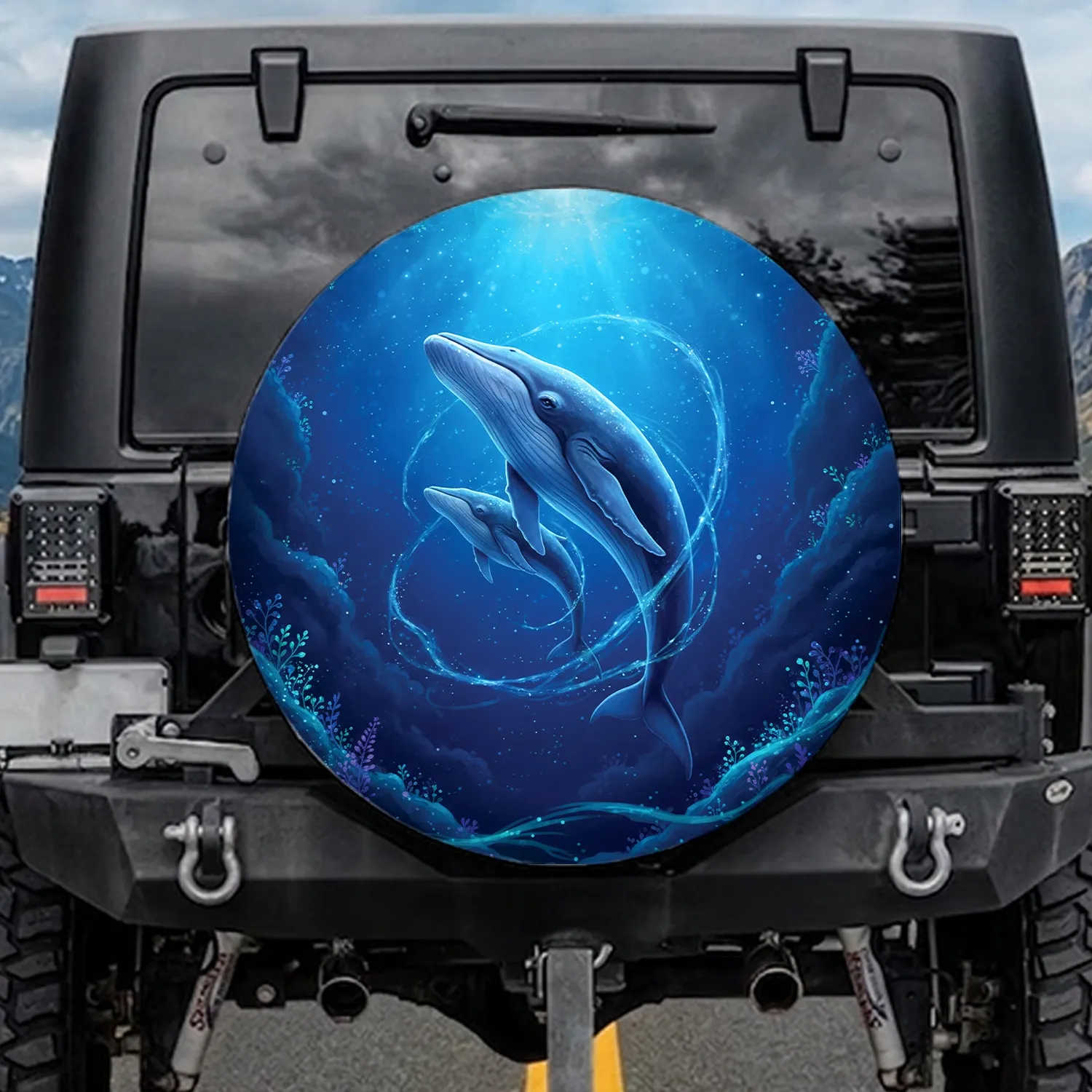 Blue Whale Family Ethereal Cosmic Ocean Underwater Stars - Wildlife Lover Gift Spare Tire Cover - 1