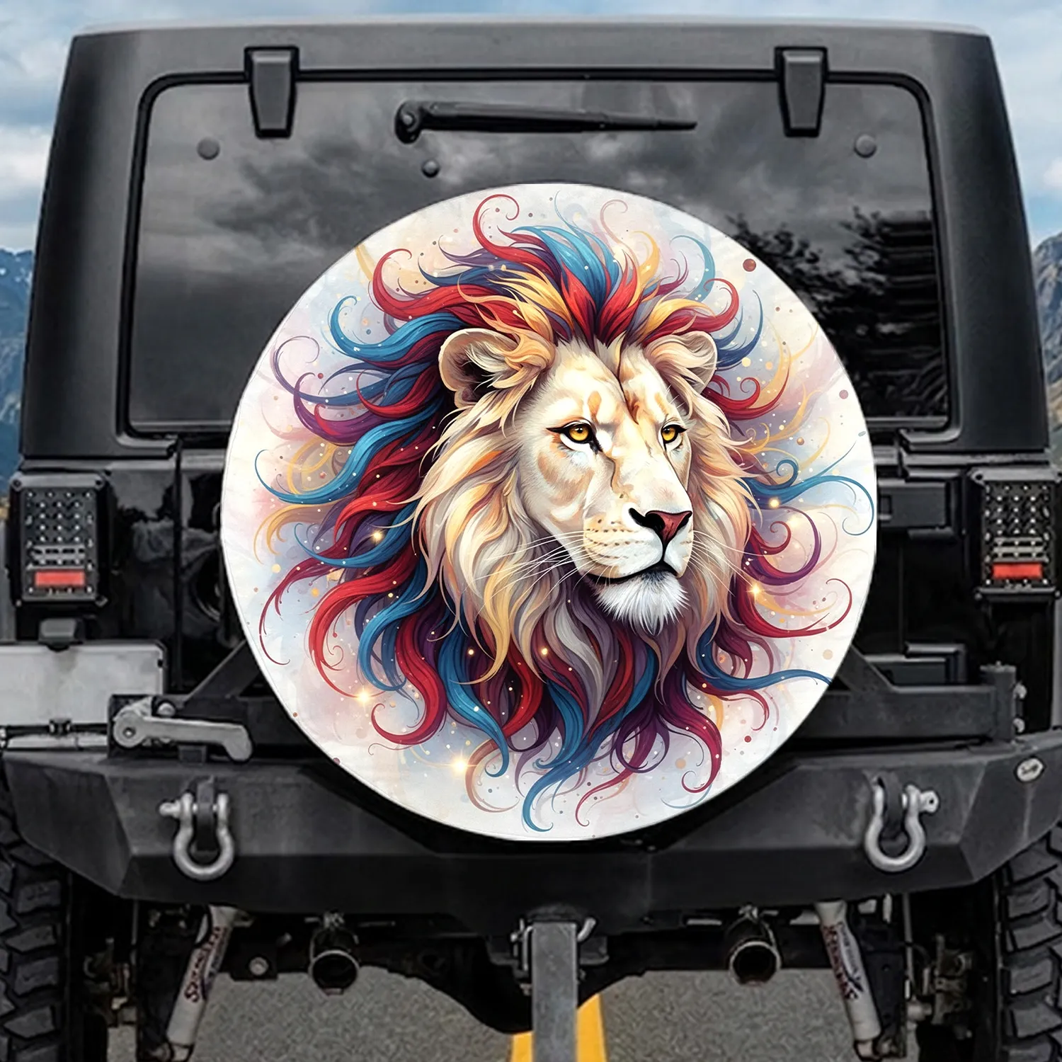 White Lion Head Golden Eyes Flowing Mane - Regal Wildlife Animal Lover Decor Gift Spare Tire Cover - 1