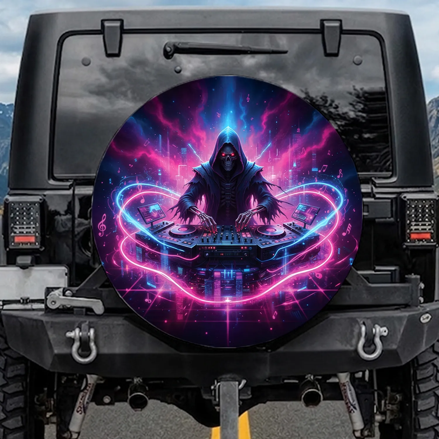 Cloaked Skeletal Figure Futuristic DJ Console Neon Sound Waves - Music Lover Gift Spare Tire Cover - 1