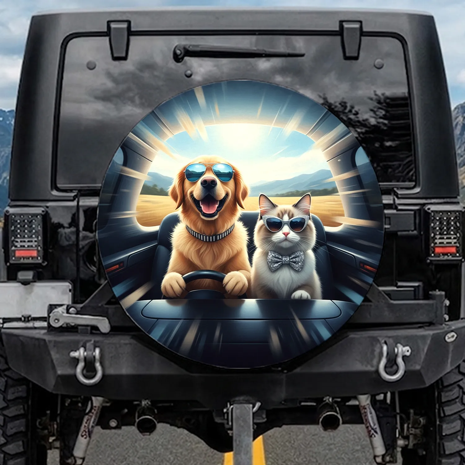 Golden Retriever Ragdoll Cat Driving Sunglasses - Pet Lover Road Trip Gift Spare Tire Cover - 1
