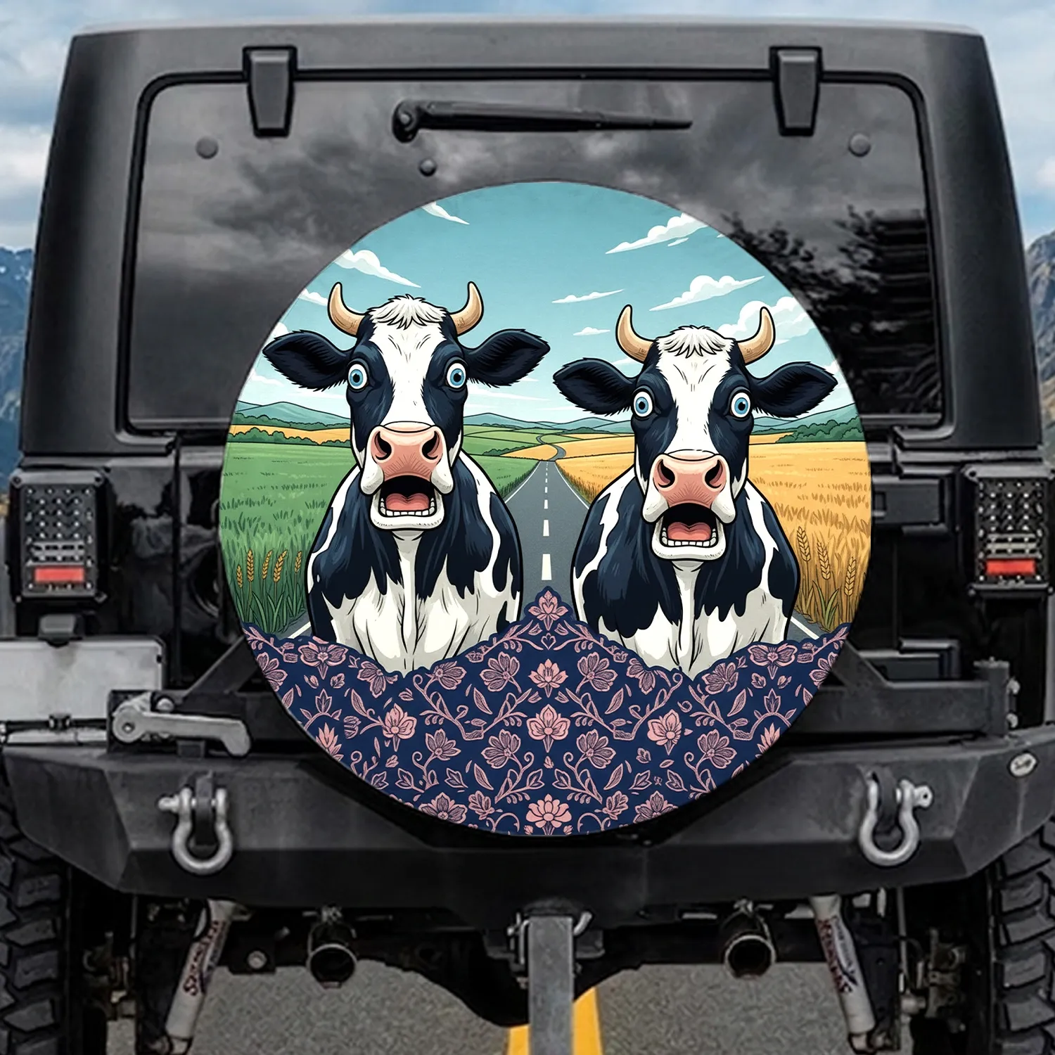 Surprised Holstein Cows Road Landscape Farmhouse Decor Gift for Cow Lover Spare Tire Cover - 1