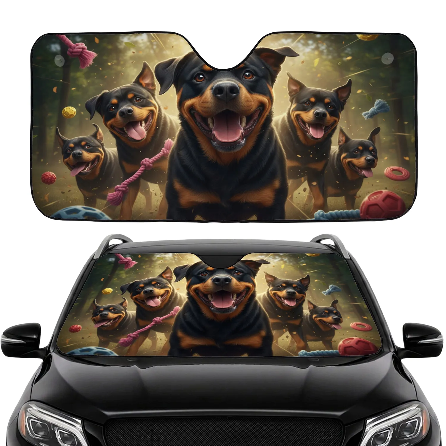 Expressive Goofy Rottweilers Dog Toys Sun-Drenched Park - Rottweiler Lover Gift Car Sunshade - 1