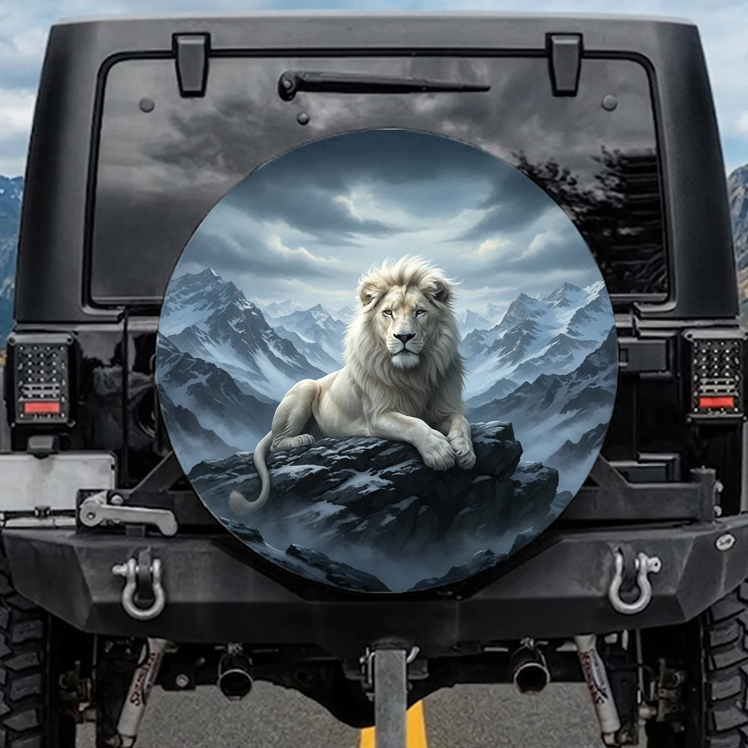 Majestic White Lion Rugged Rock Snowy Peak Mountains Grand Landscape - Outdoor Adventure Decor Spare Tire Cover - 1