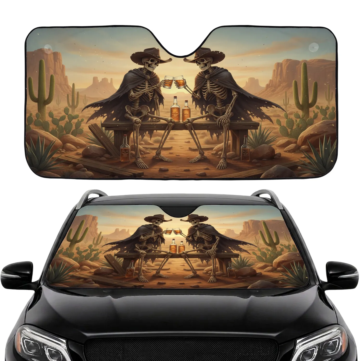Cowboy Skeletons Desert Toast - Western Lifestyle Road Trip Gift Car Sunshade - 1