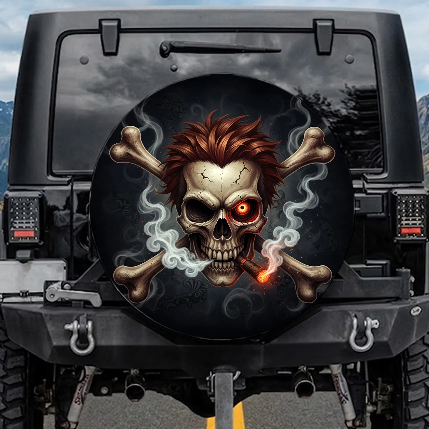 Menacing Grinning Cracked Skull with Glowing Cigar Crossed Bones - Rebel Lifestyle Spare Tire Cover - 1
