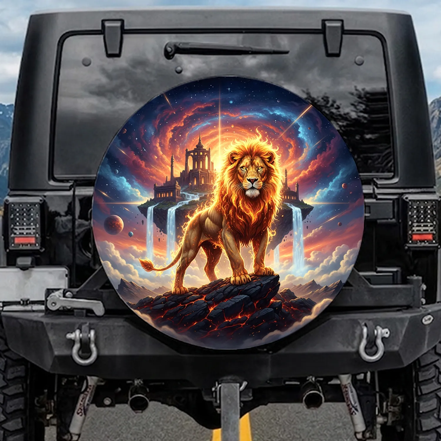 Majestic Fiery Lion Volcanic Rock Temple Cosmic Galaxy Nebula - Fantasy Adventure Gift Spare Tire Cover - 1