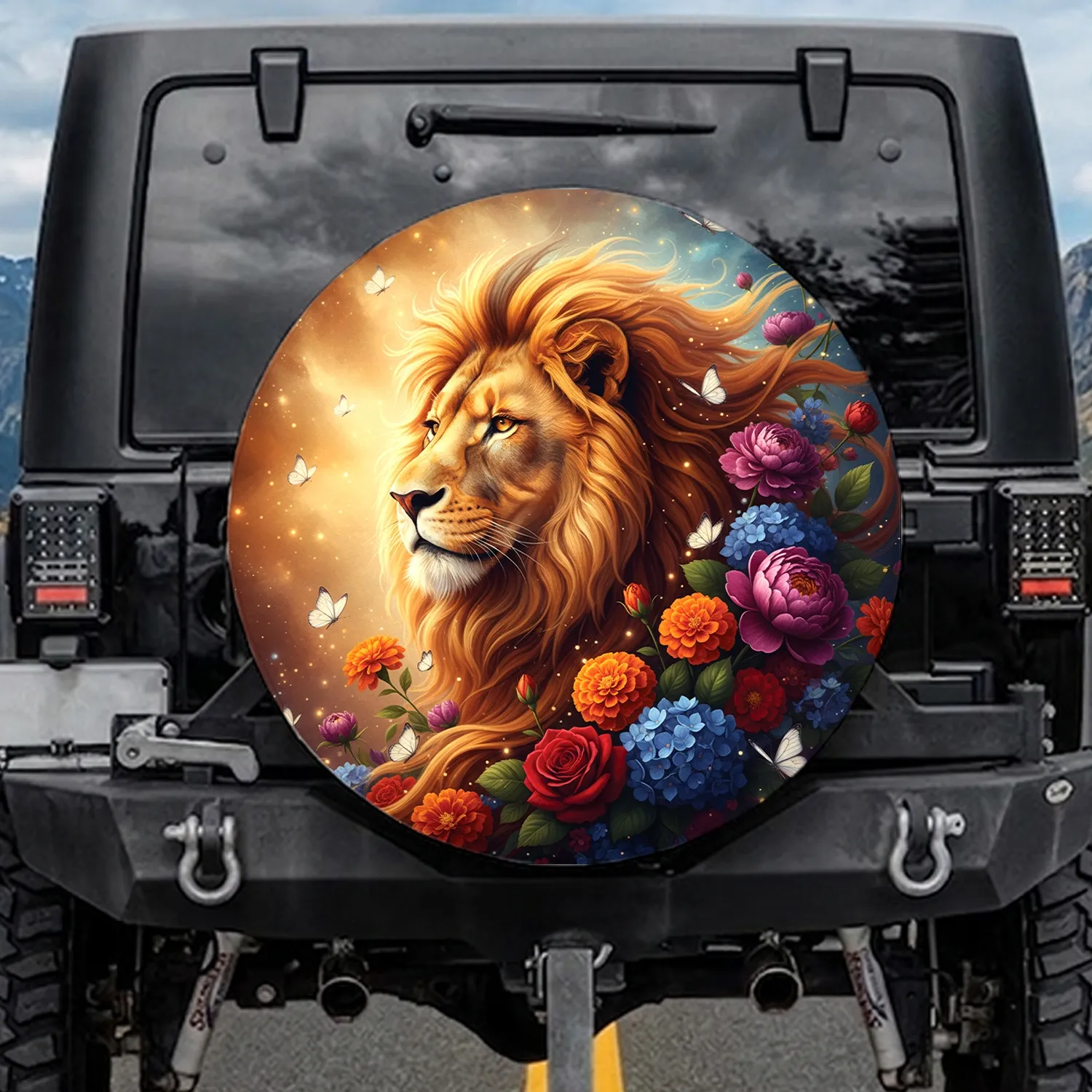 Lion Head Golden Mane Floral Butterflies - Wildlife Lover Gift Spare Tire Cover - 1
