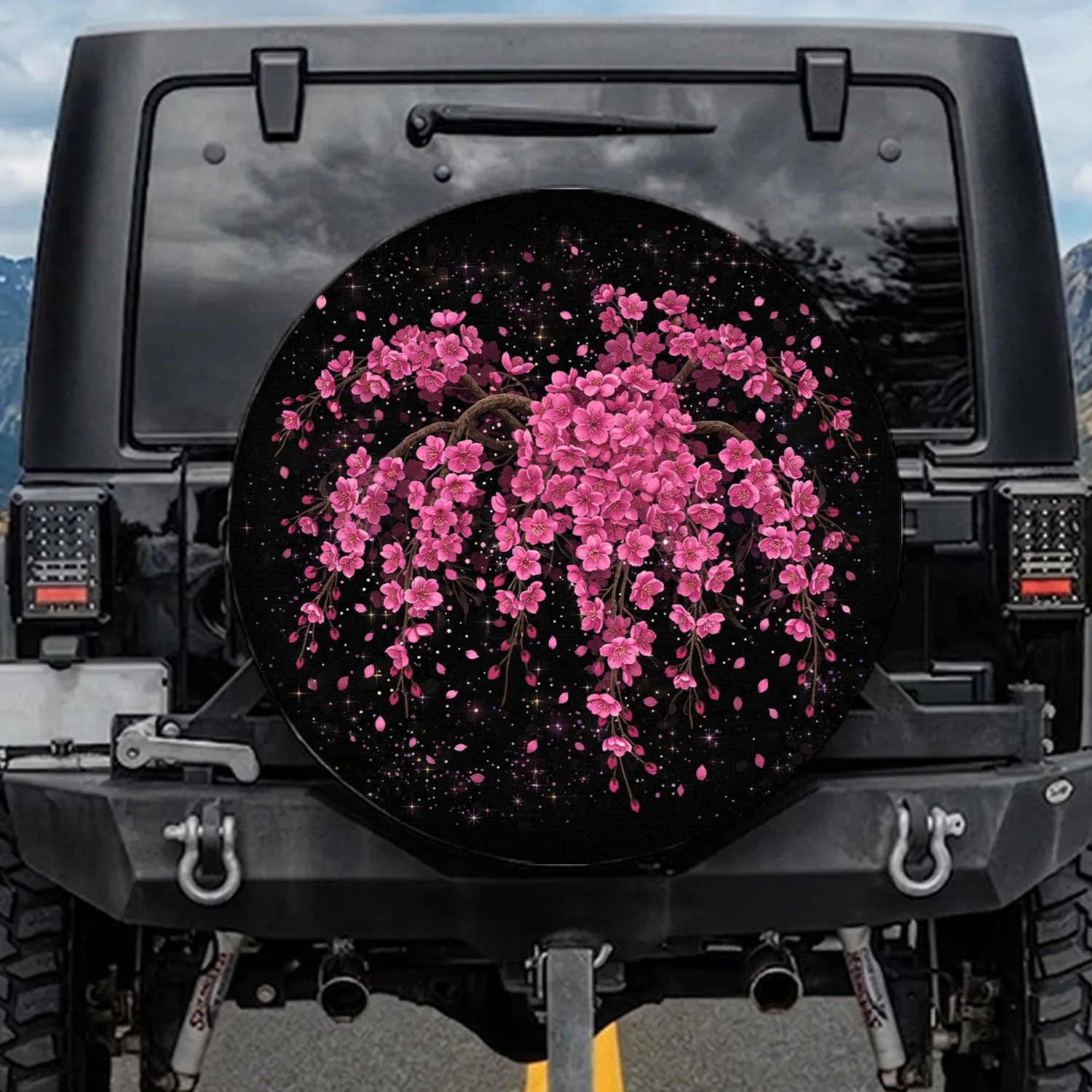 Pink Cherry Blossoms Black Night Sky Starlight - Botanical Decor Gift for Nature Lover Spare Tire Cover - 1